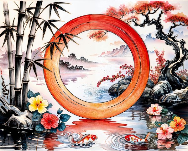 Serene Landscape with Orange Frame and Koi Fish