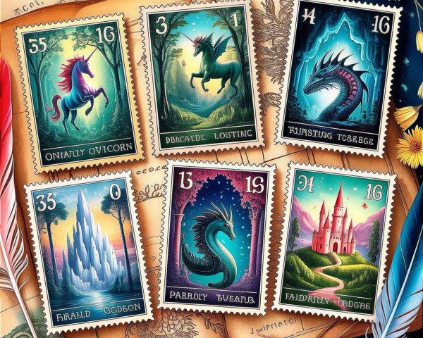 Collection of Fantastical Postage Stamps with Creatures