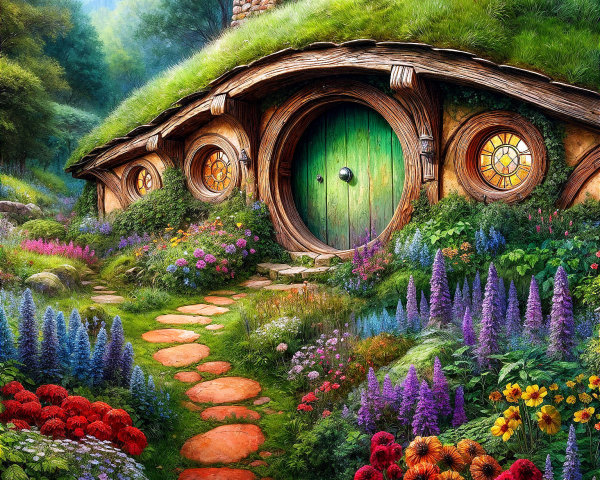 Hobbit-Shaped Home in a Vibrant Landscape