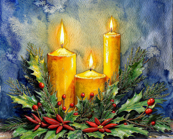 Yellow Candles Surrounded by Winter Floral Arrangement