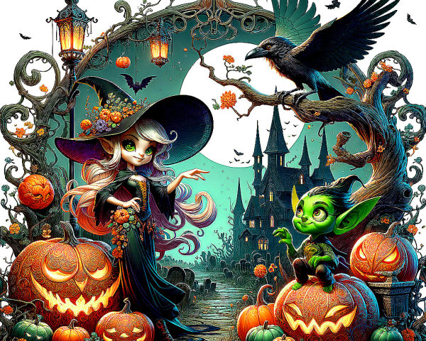 Whimsical Halloween Scene with Witch and Goblin