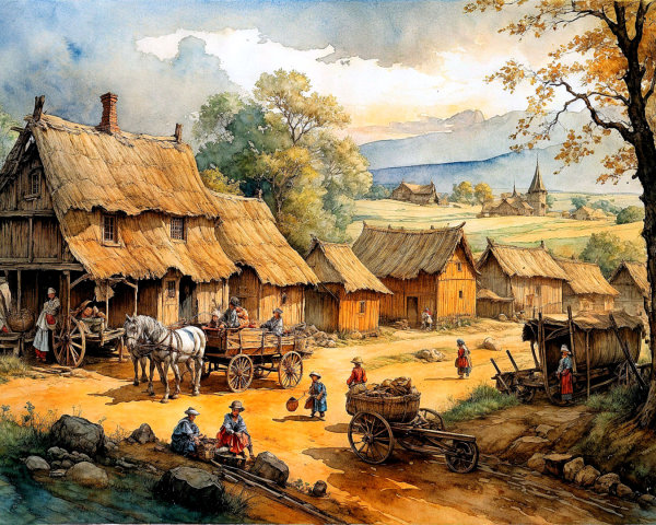 Countryside Scene with Cottages and Villagers