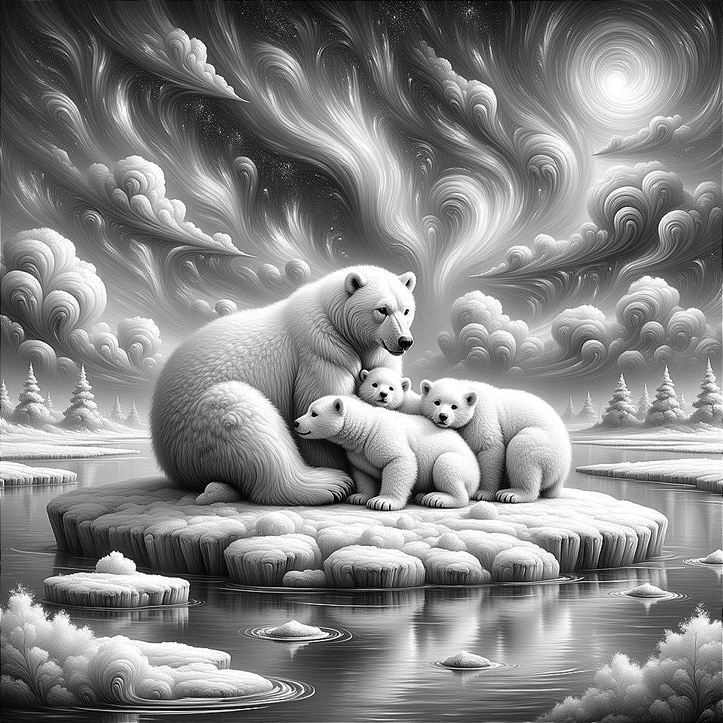 Mother Polar Bear and Cubs on Ice Floe Scene