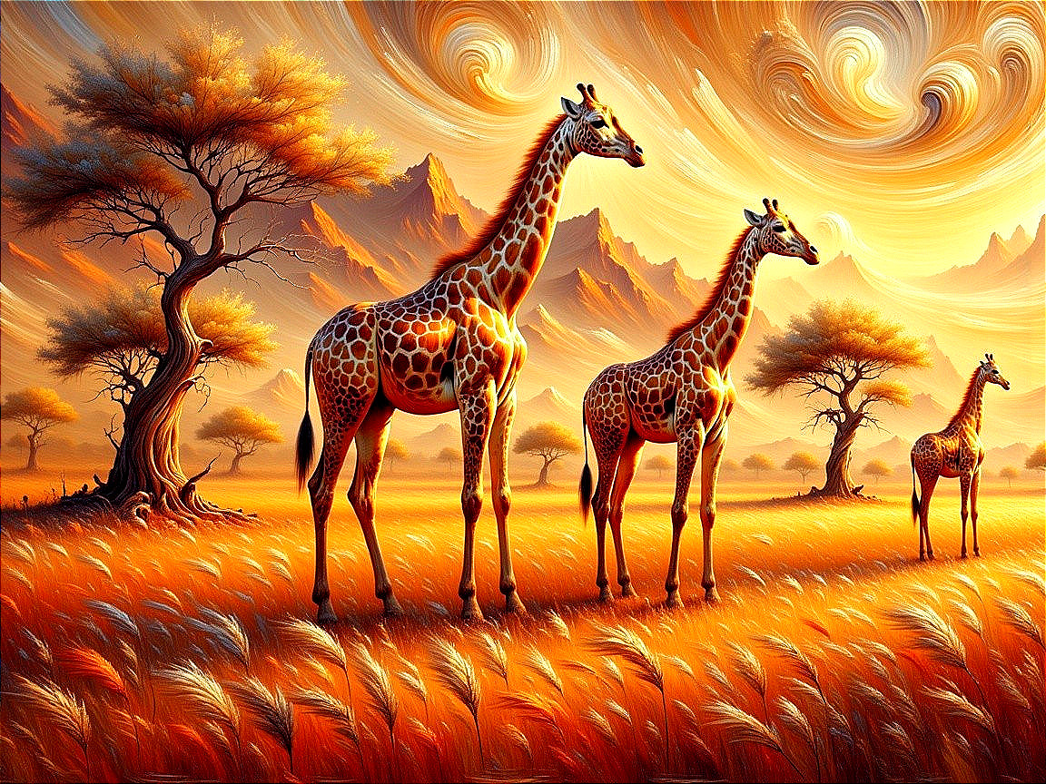 Giraffes in a Colorful Landscape with Majestic Mountains