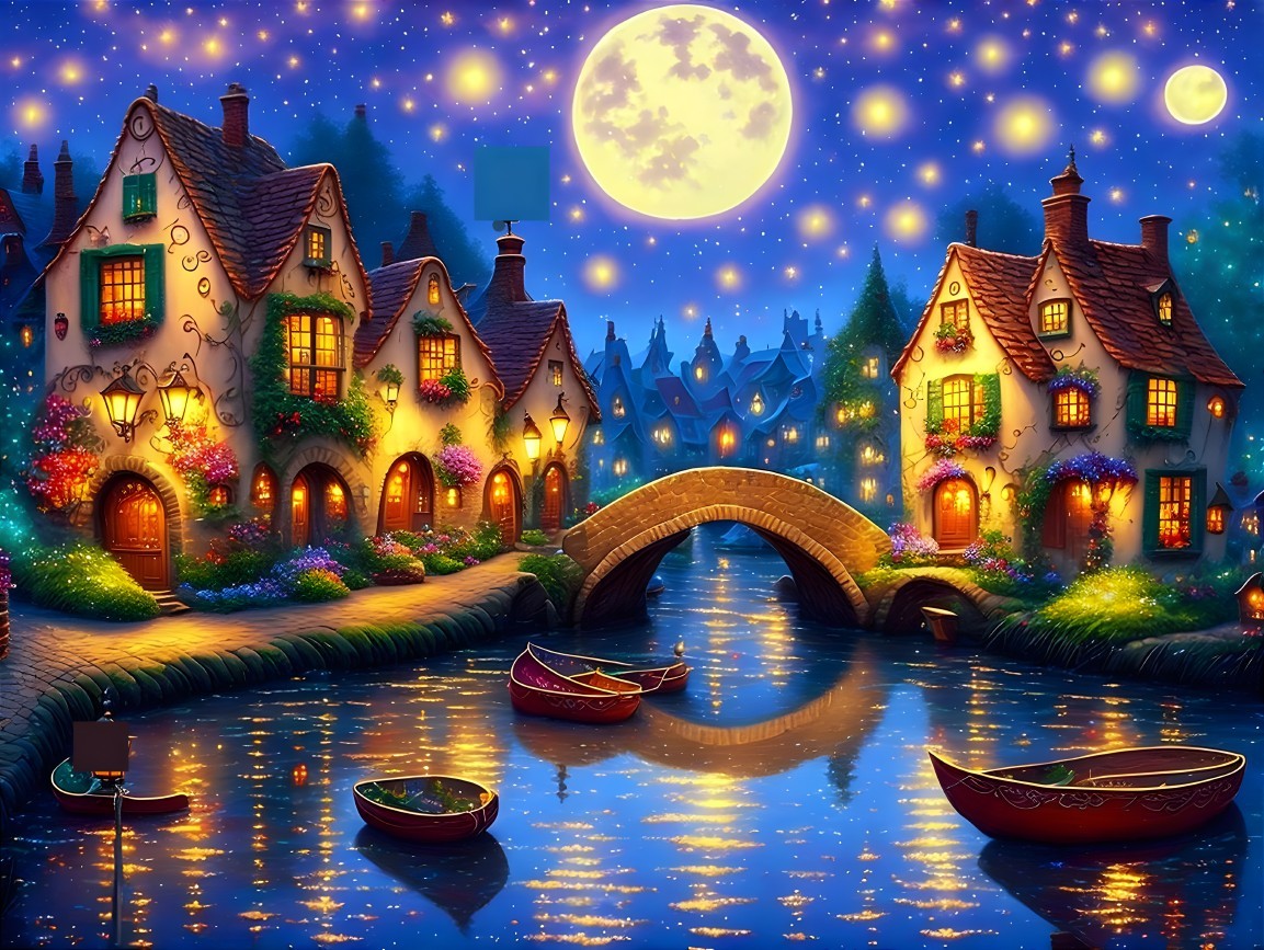 Serene Nighttime Scene with Cottages and Canal