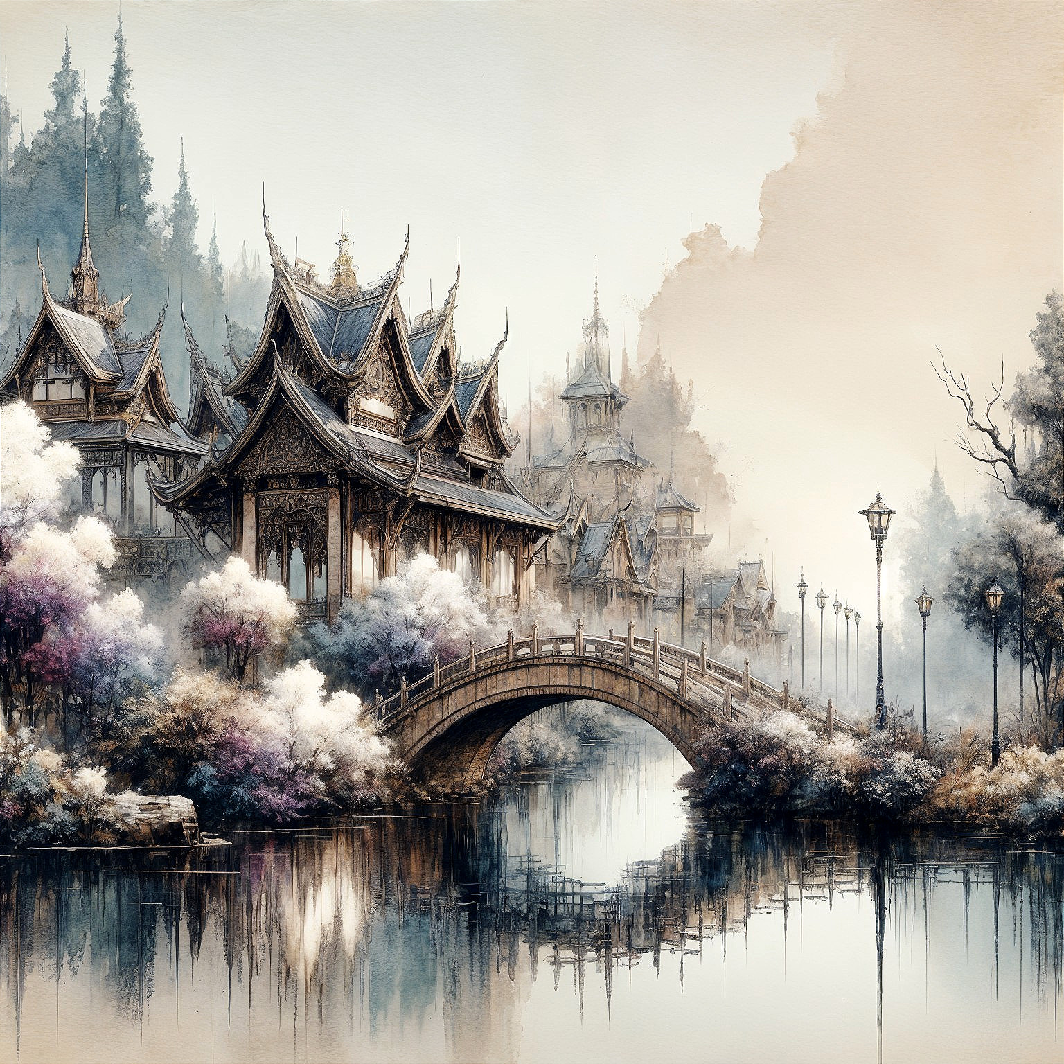 Serene Landscape with Traditional Asian Architecture