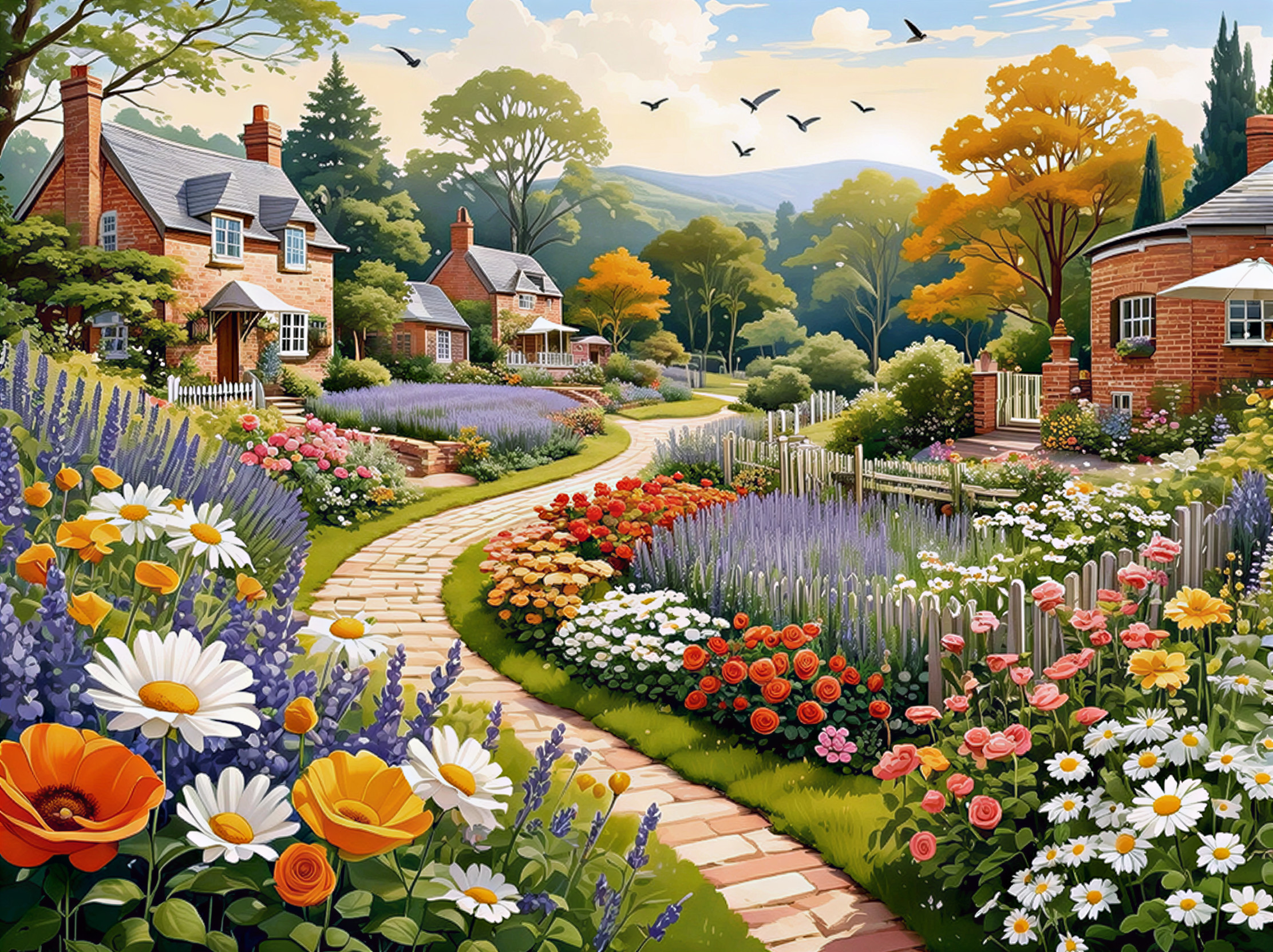 Charming Neighborhood with Cozy Homes and Flower Gardens