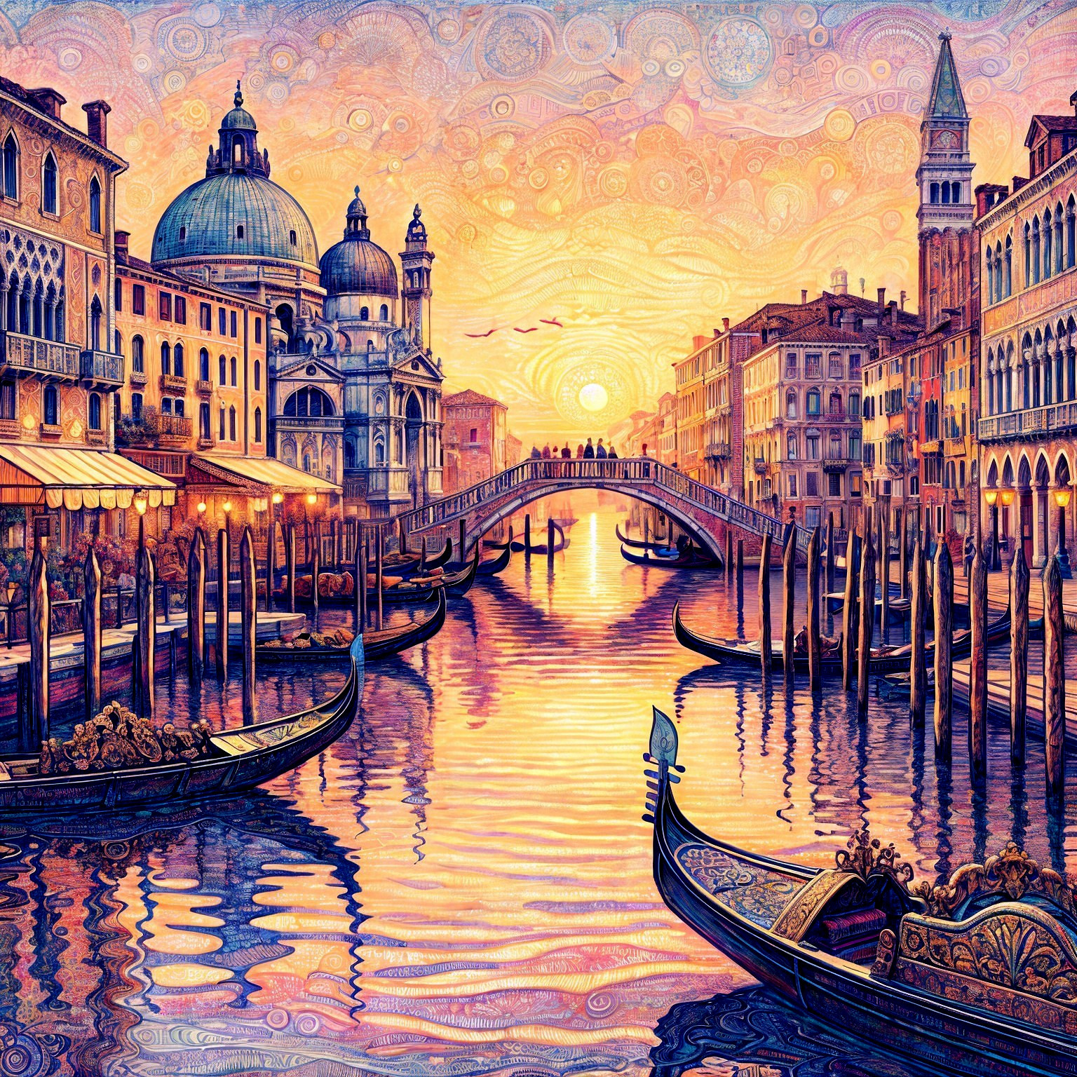 Venetian Canals at Sunset with Gondolas and Architecture