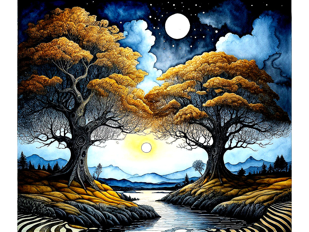 Majestic Trees by Tranquil River at Sunset and Moonrise