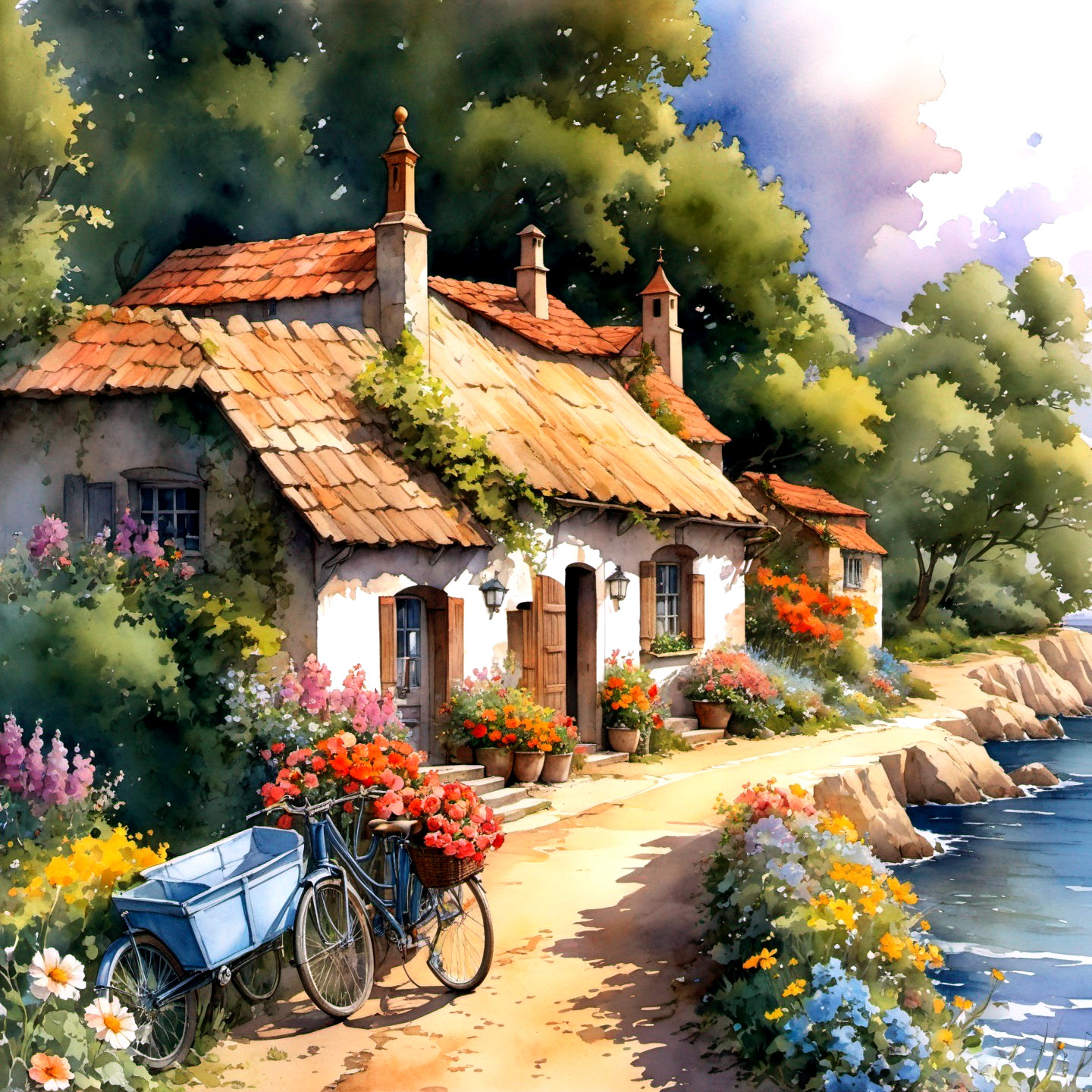 Thatched roof countryside cottage with blue bicycle and flowers by waterway