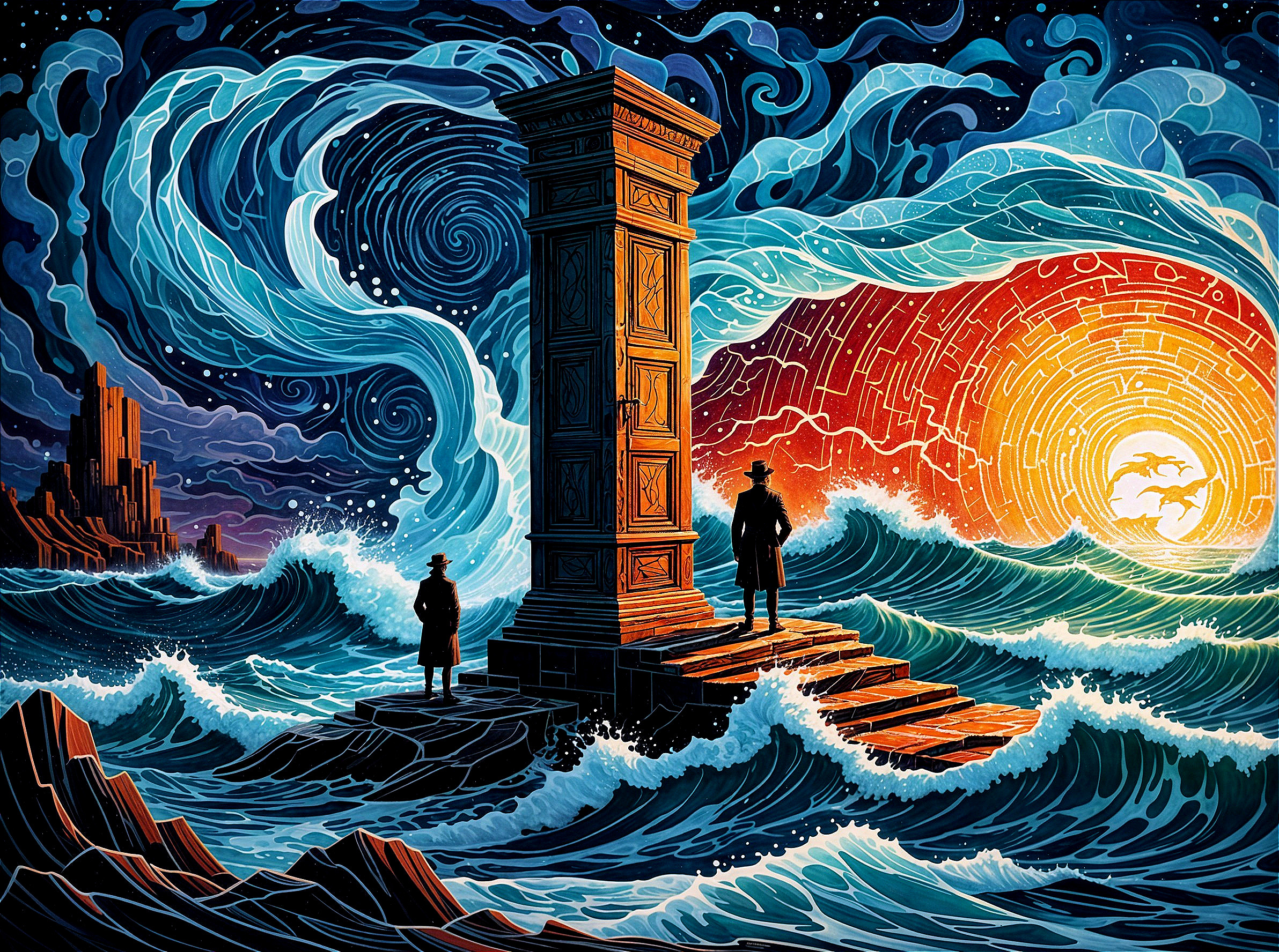 Surreal Shoreline with Figures and Carved Pillar
