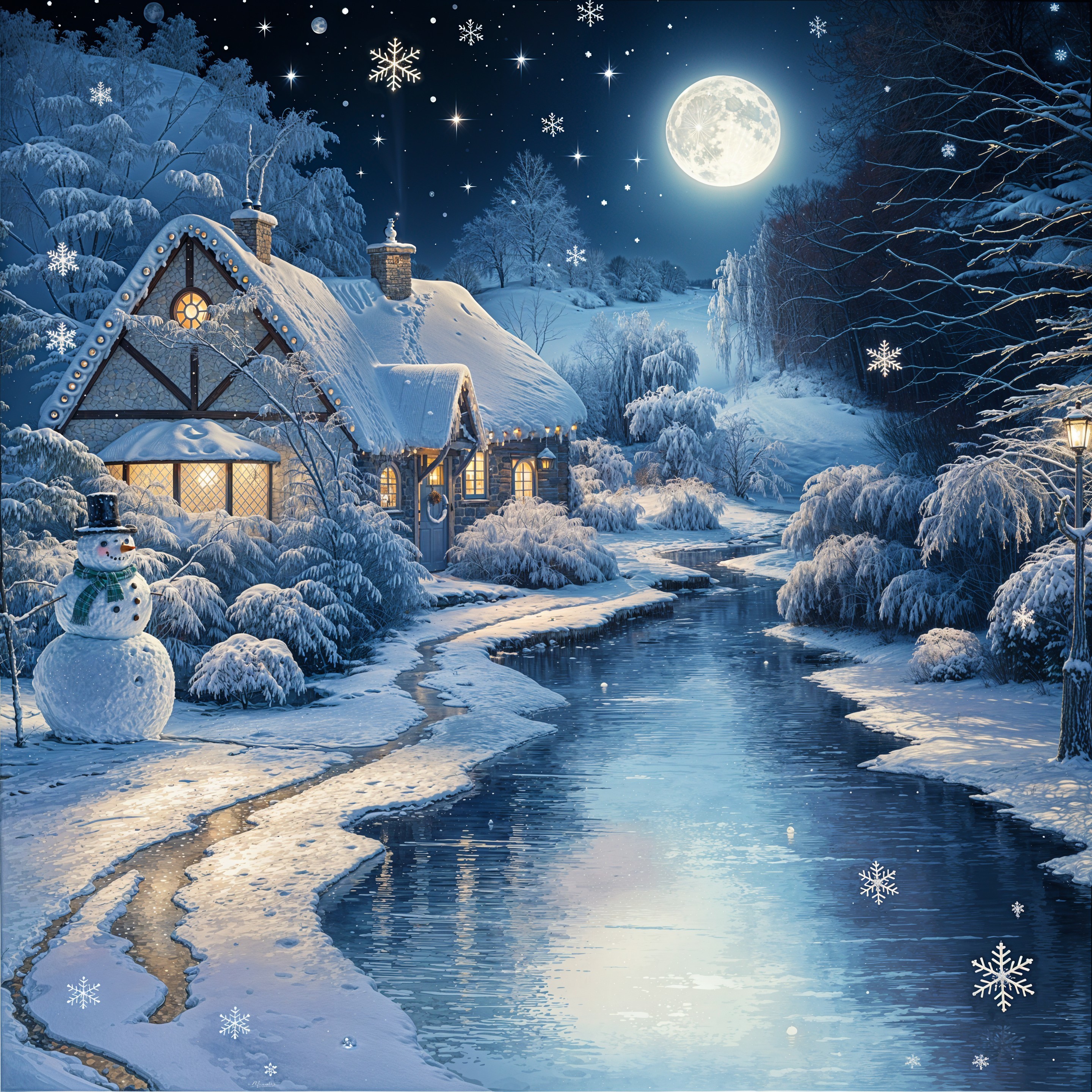 Whimsical Winter Wonderland with Cottage and Snowman