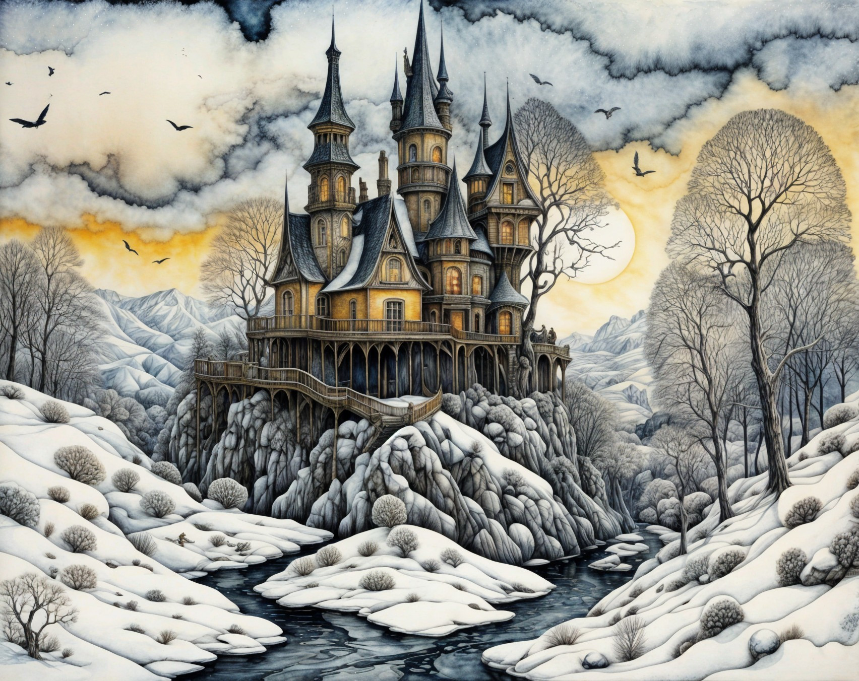 Fantastical castle on rocky outcrop at sunset