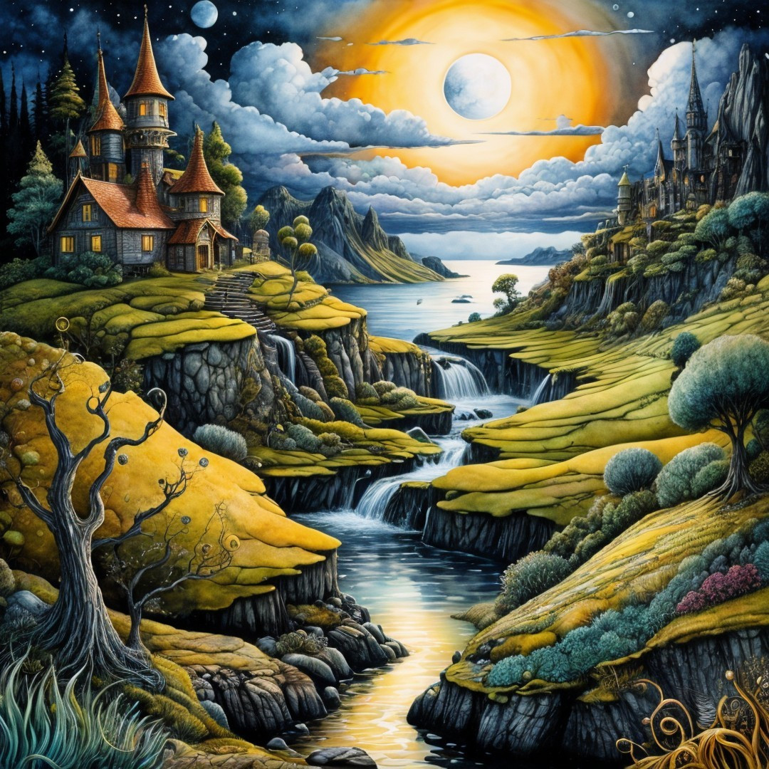Whimsical Landscape with Castles and Waterfalls