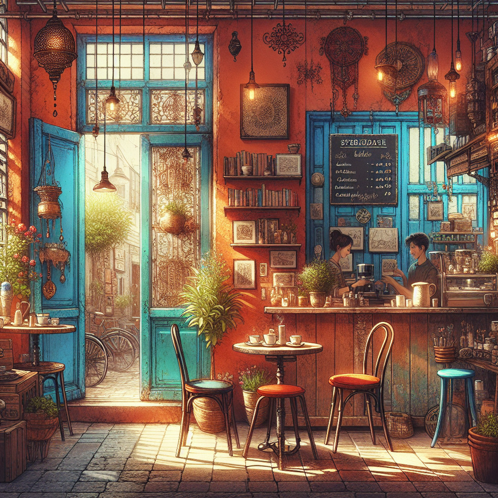 Charming café with vibrant decor and cozy atmosphere