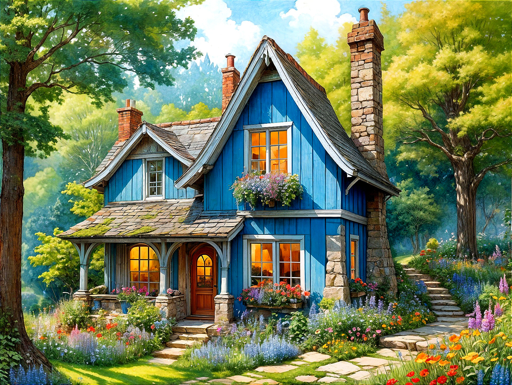 Charming Blue Cottage Surrounded by Lush Greenery