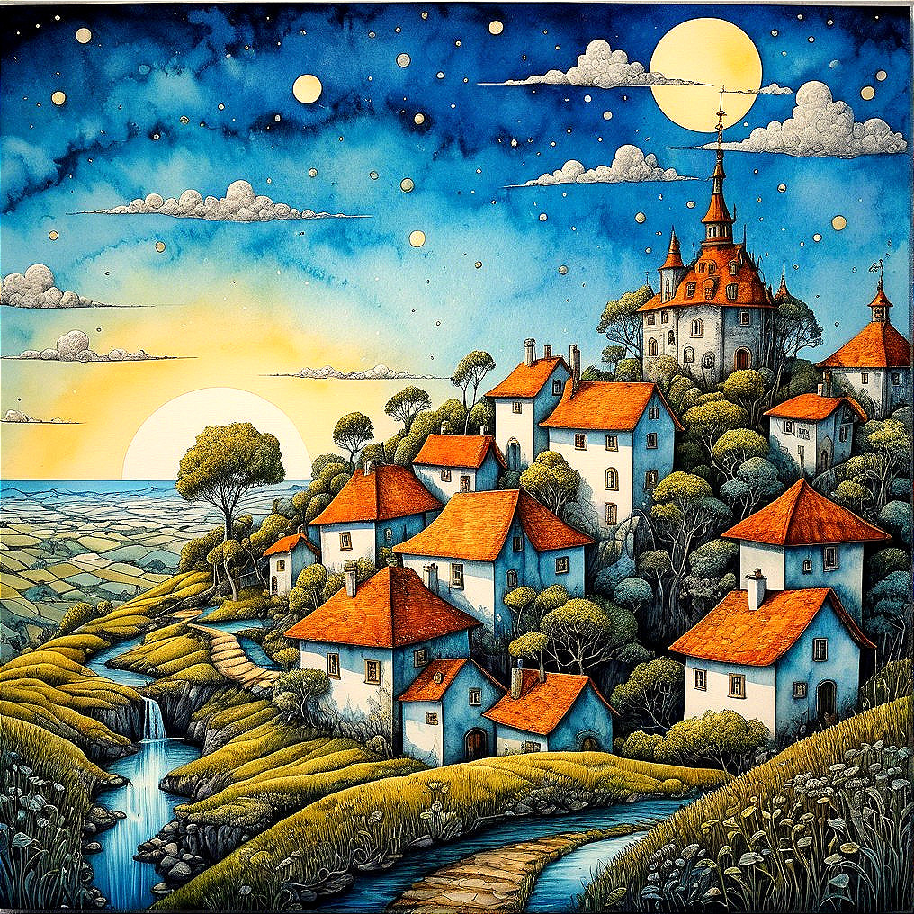 Whimsical Village Scene with Moons and Castle