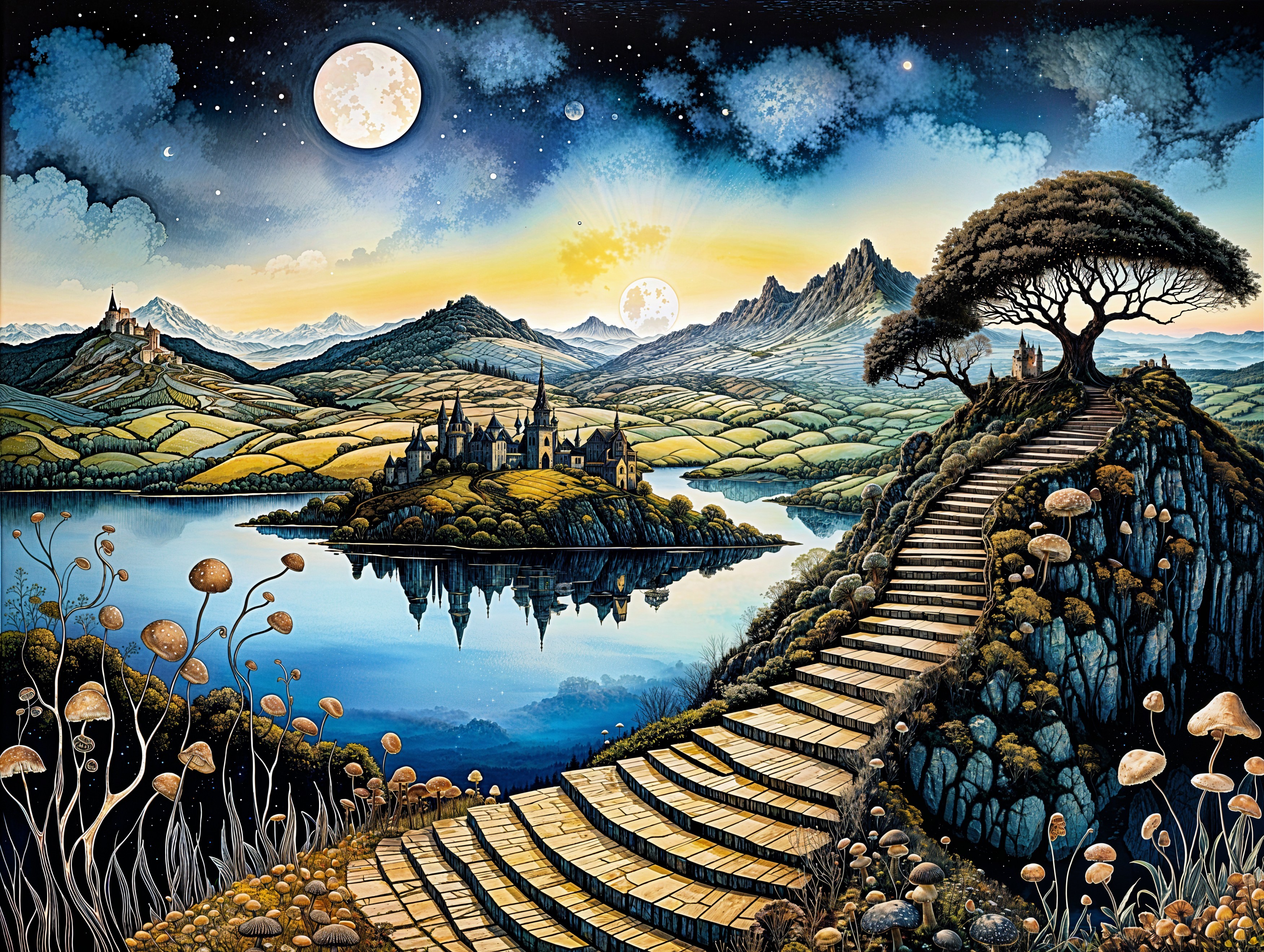 Serene landscape with winding path and enchanting castle