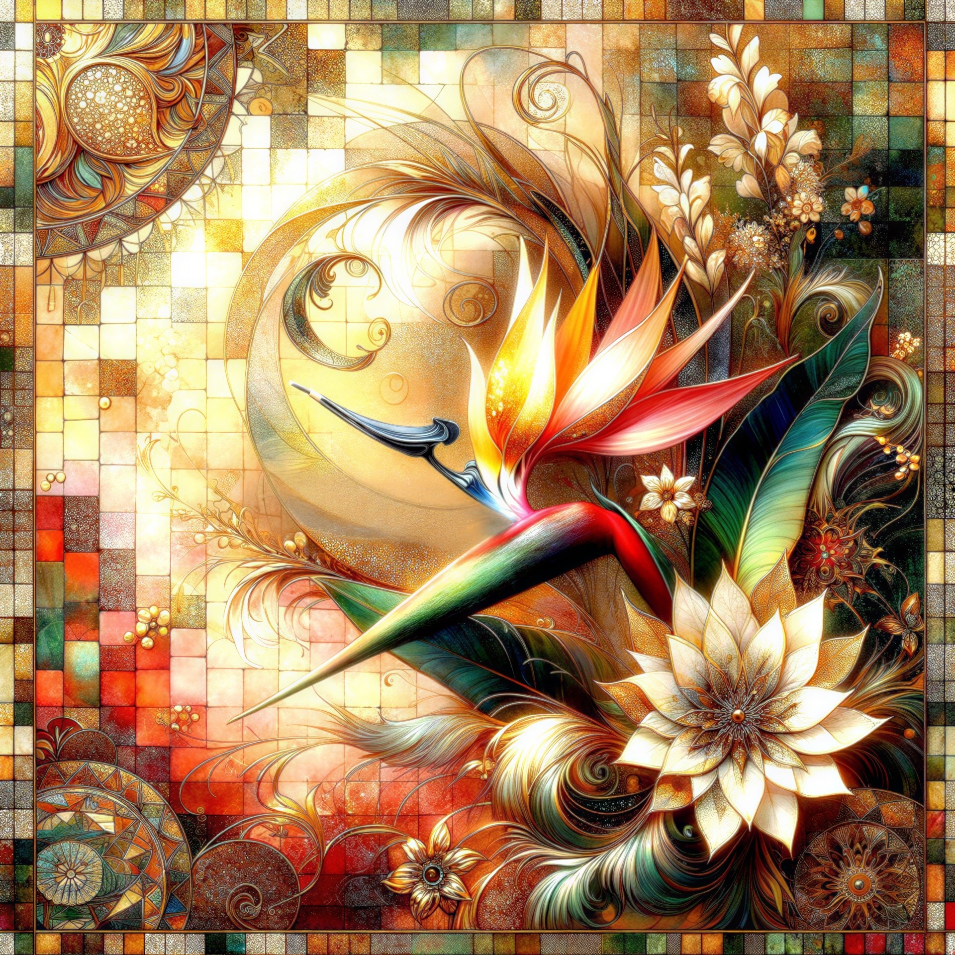 Vibrant Digital Artwork of Bird of Paradise and Florals