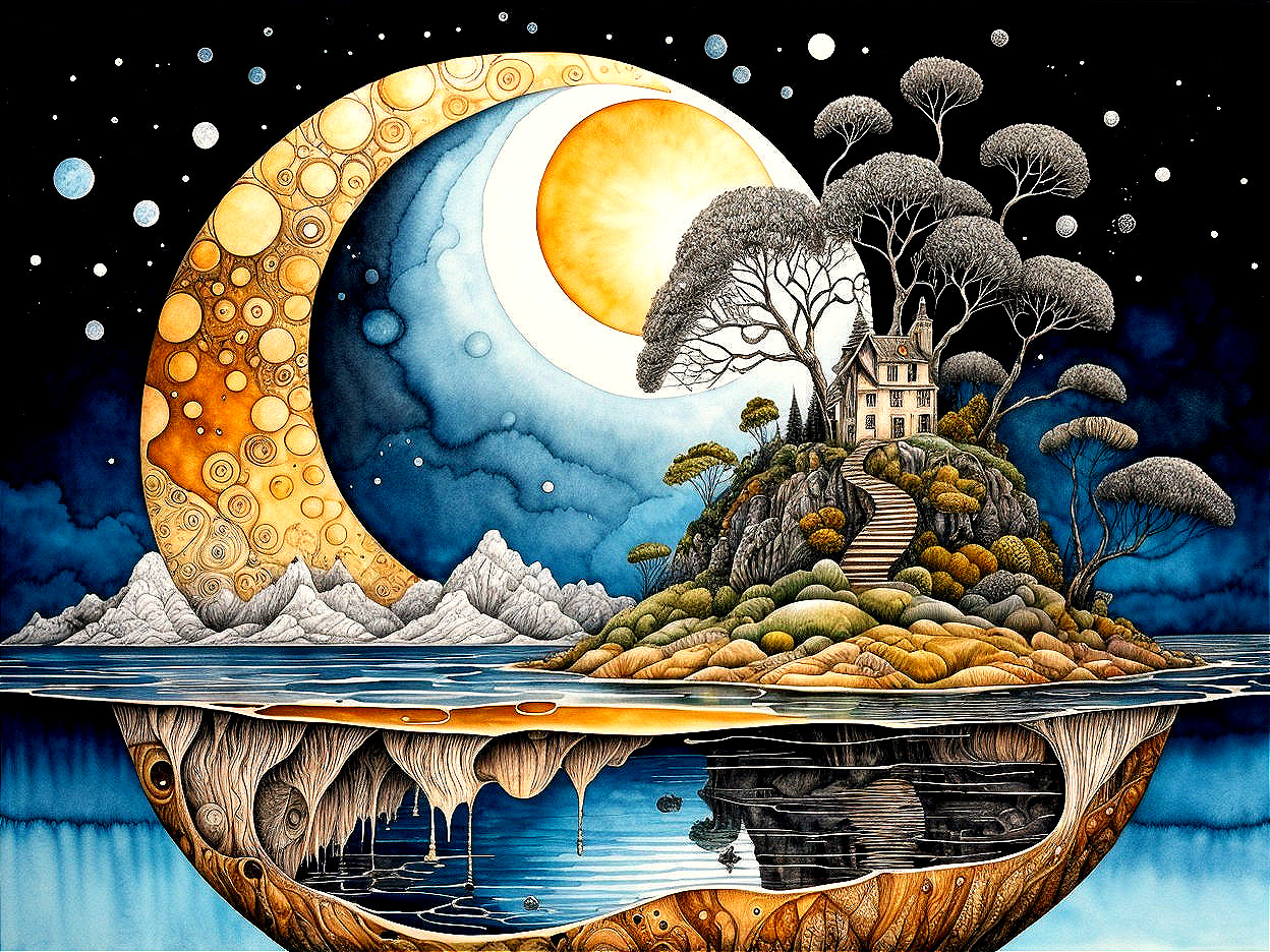 Surreal Island Landscape with Moon and Sun Elements