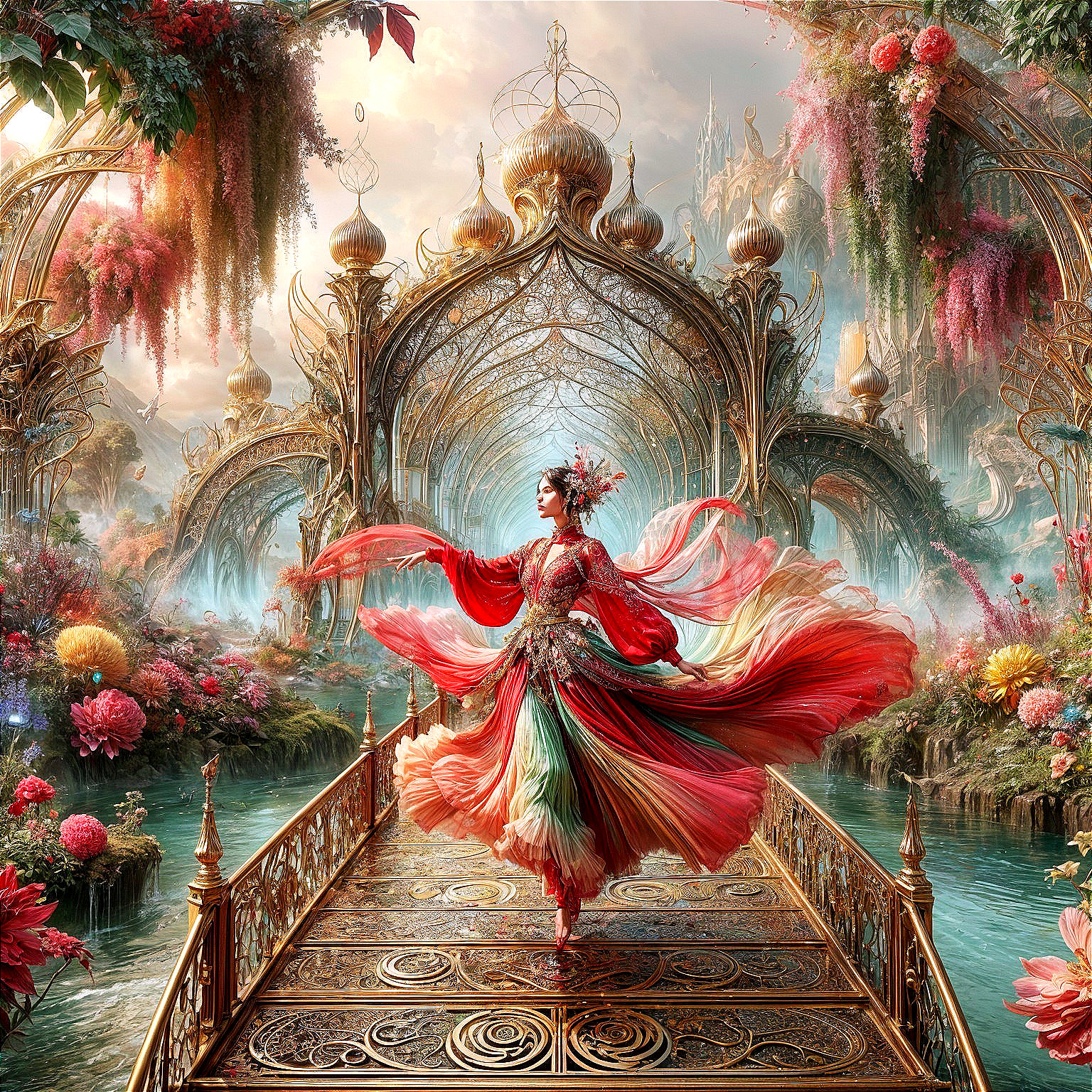 Dancer on Ornate Bridge in Vibrant Fantasy Landscape