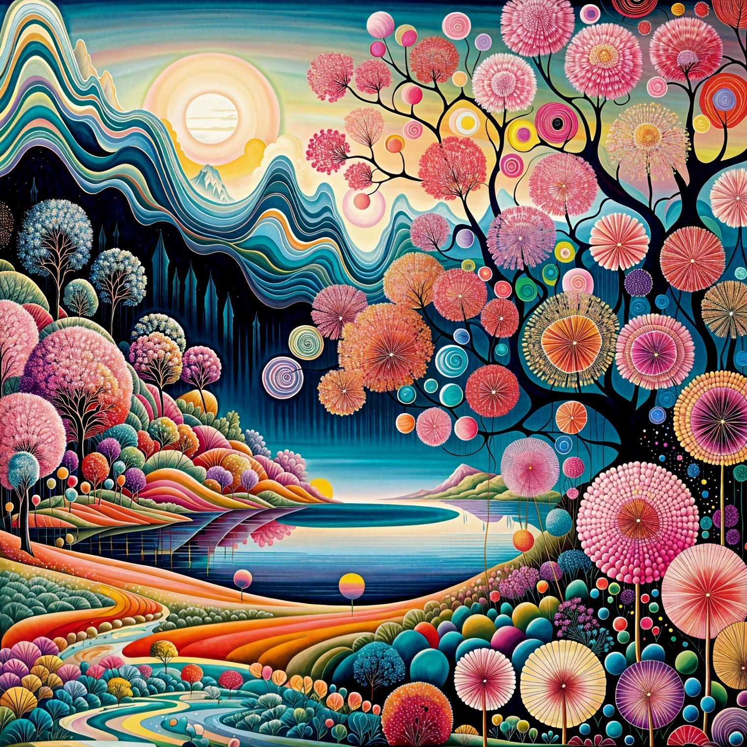 Vibrant Landscape with Swirling Mountains and Lake