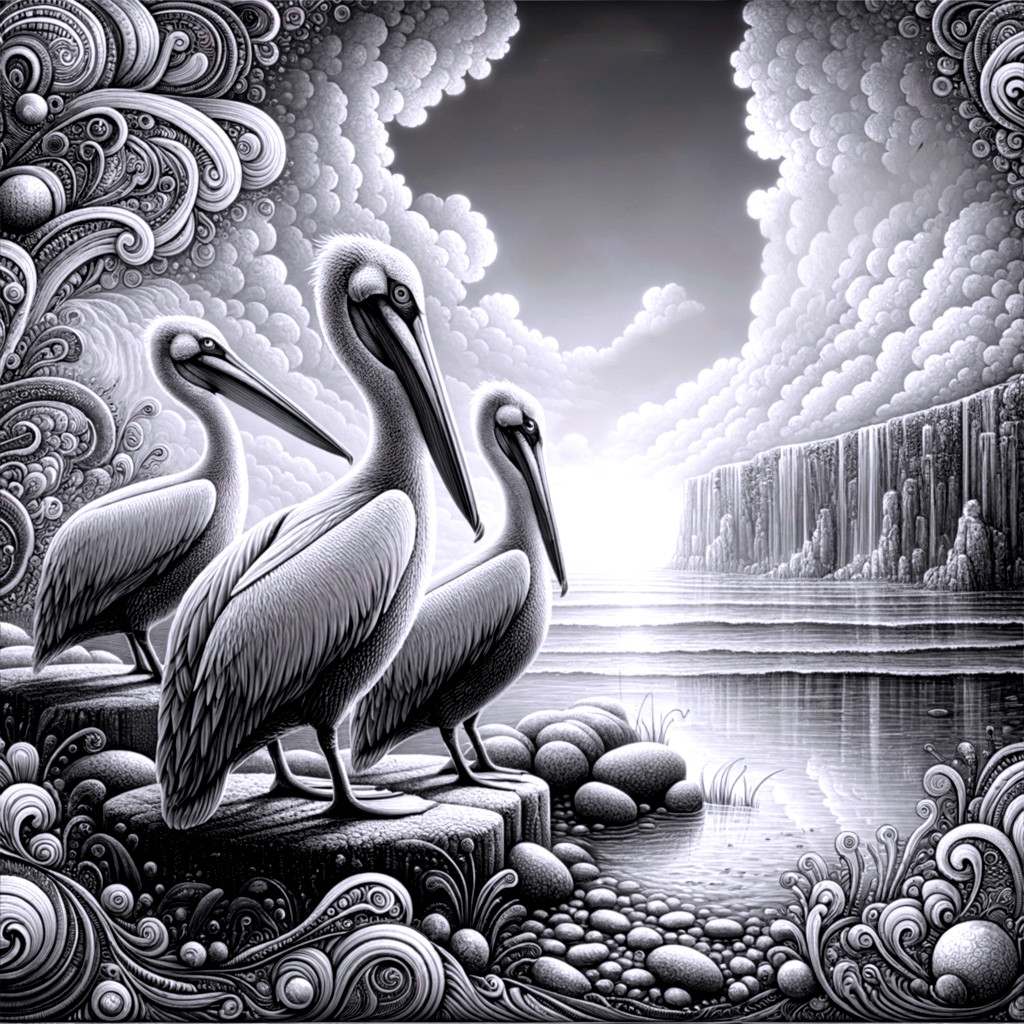 Monochromatic Scene of Pelicans on Rocky Shore