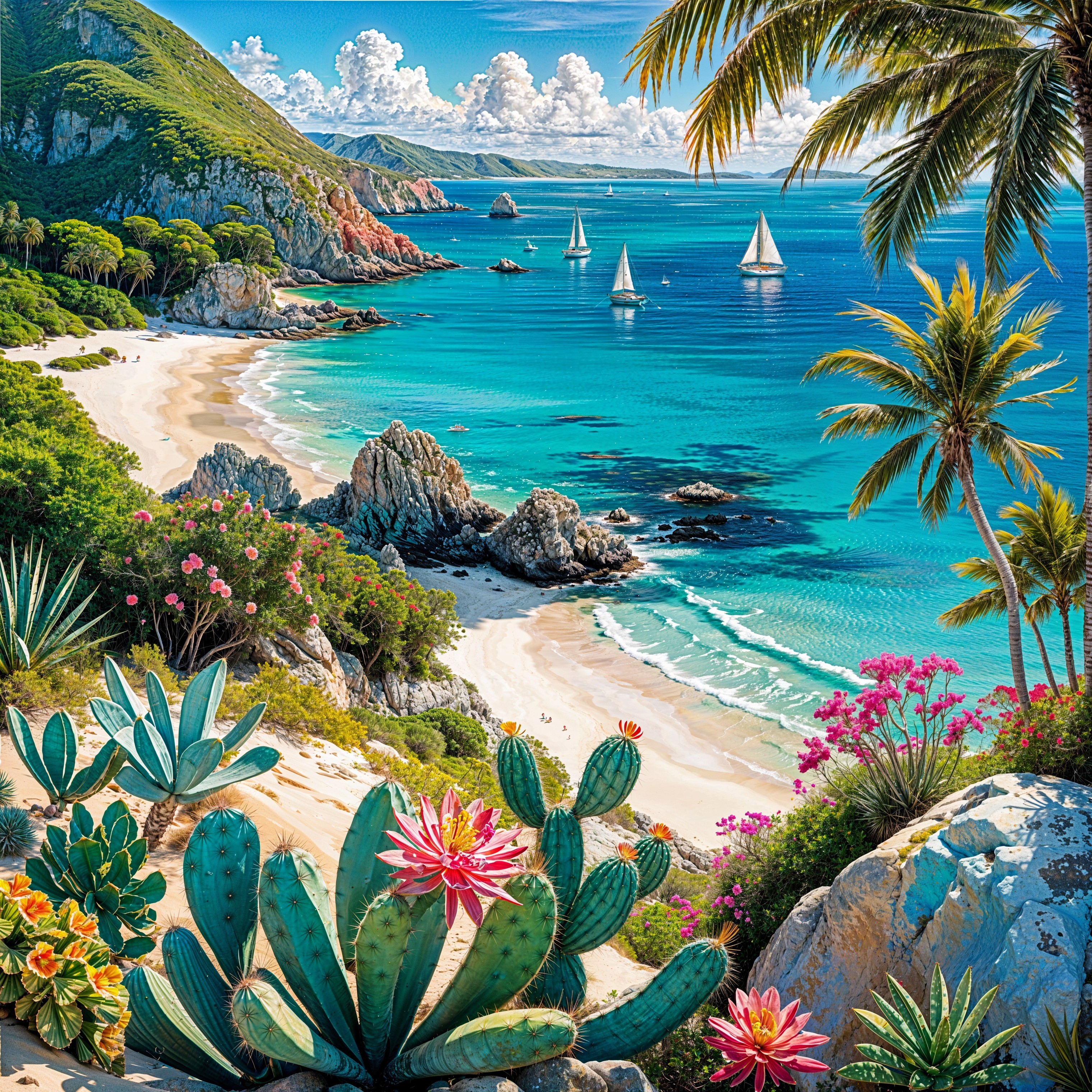Coastal Paradise with Beach and Lush Greenery