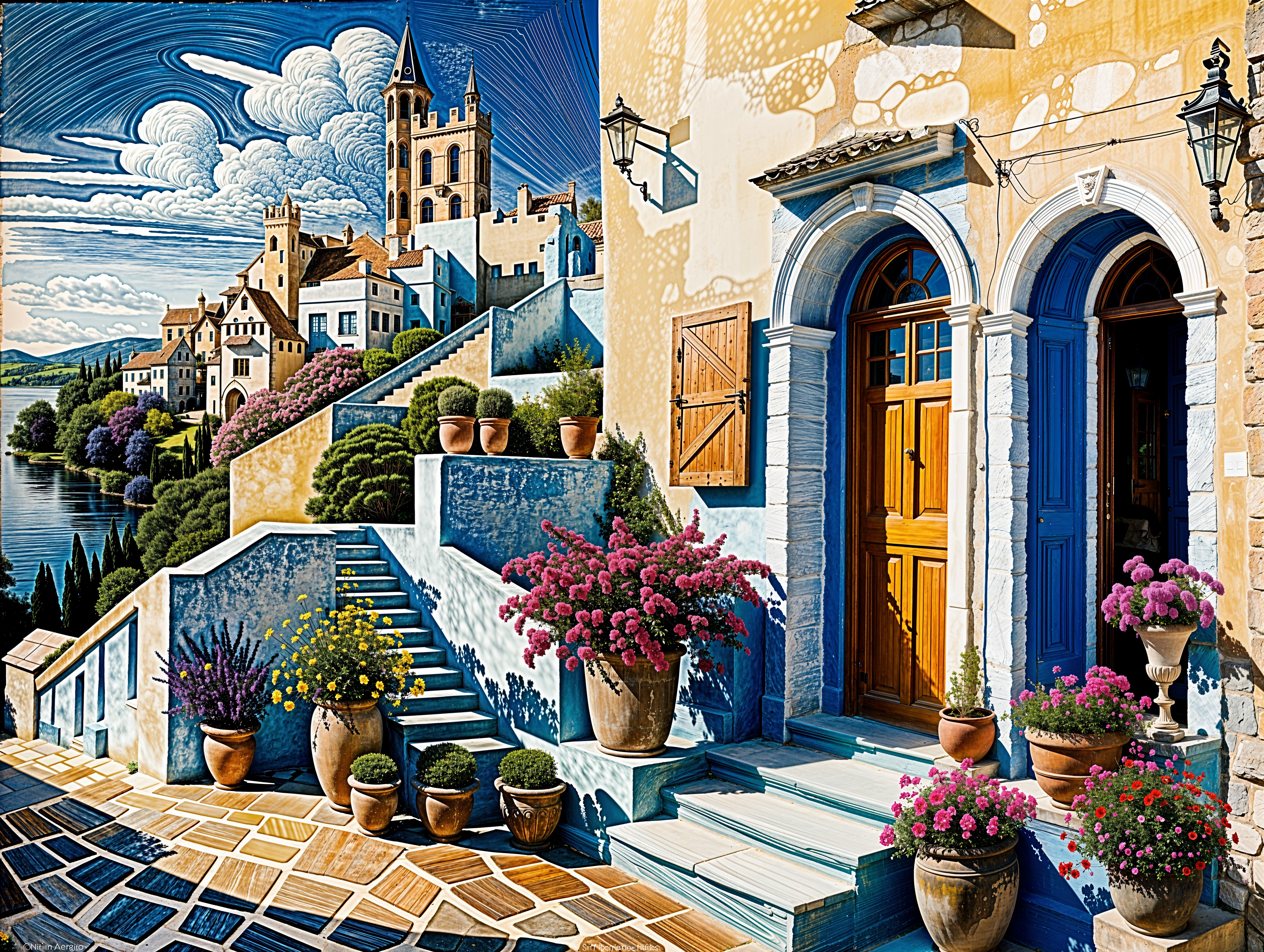 Charming European Village with Pastel Buildings and Mountains