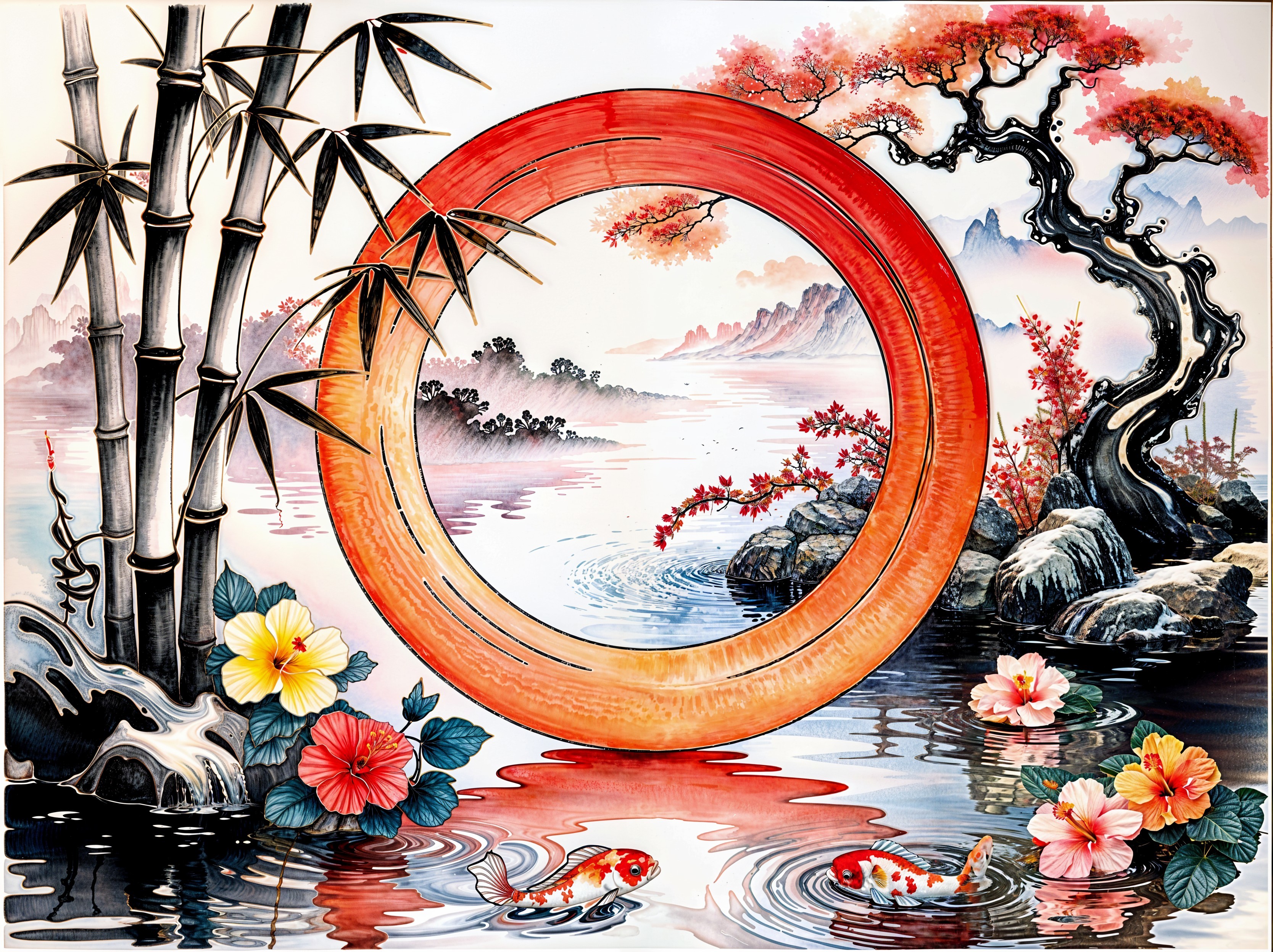 Serene Landscape with Orange Frame and Koi Fish
