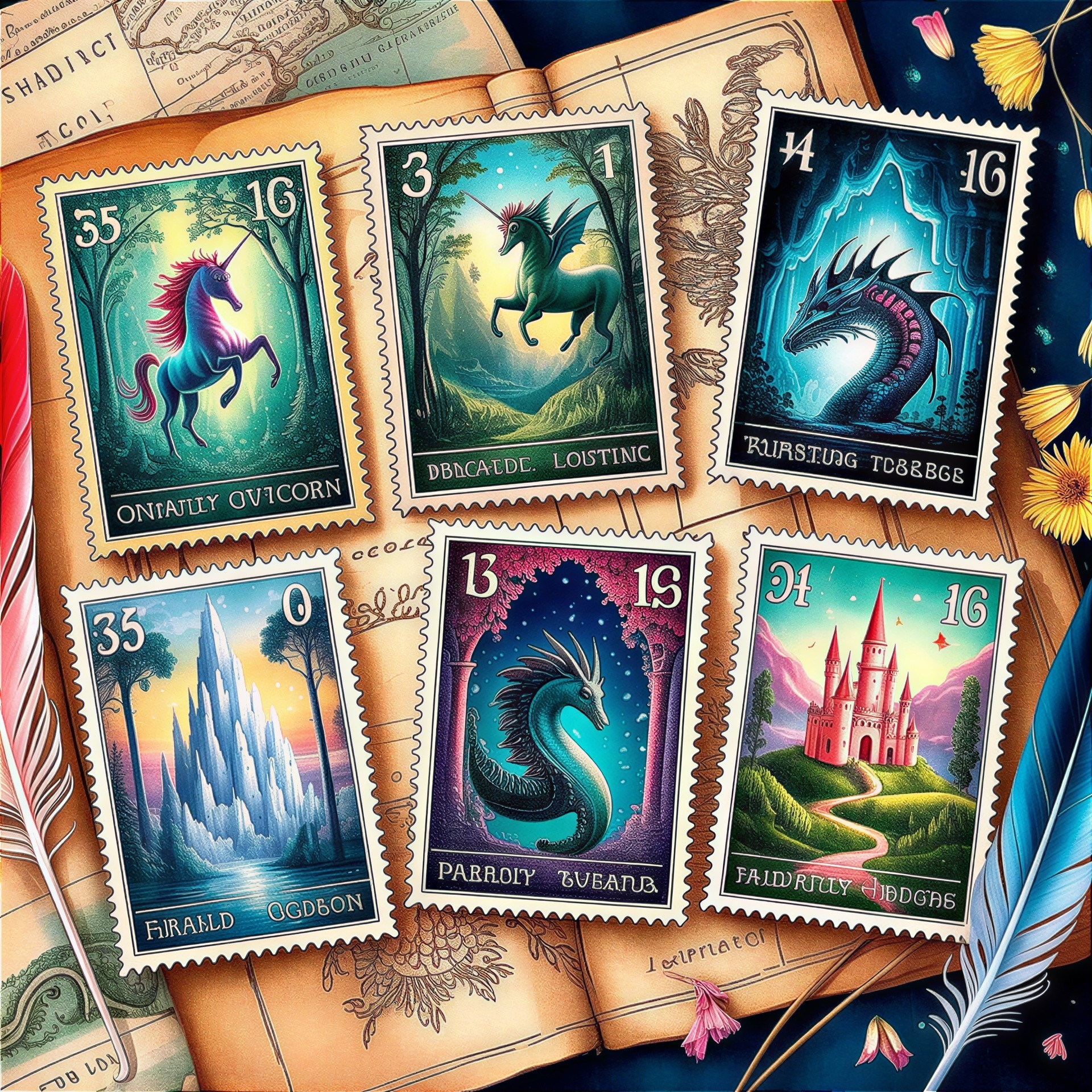 Collection of Fantastical Postage Stamps with Creatures