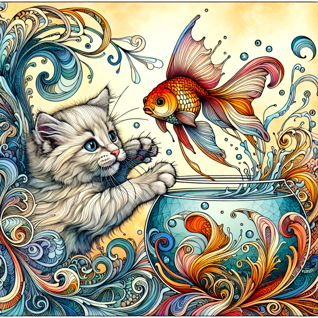 Whimsical Kitten Reaching for Goldfish in Fishbowl