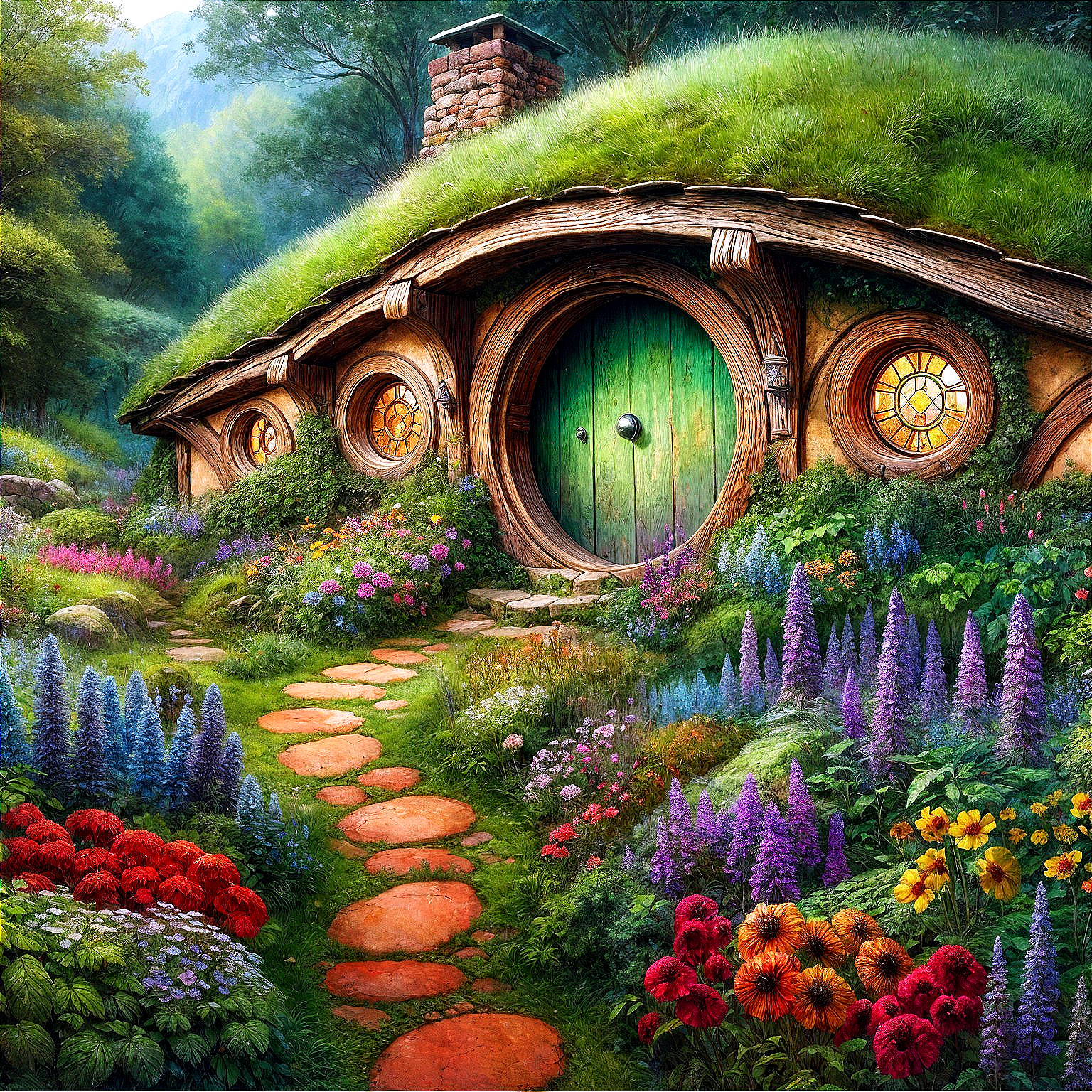 Hobbit-Shaped Home in a Vibrant Landscape