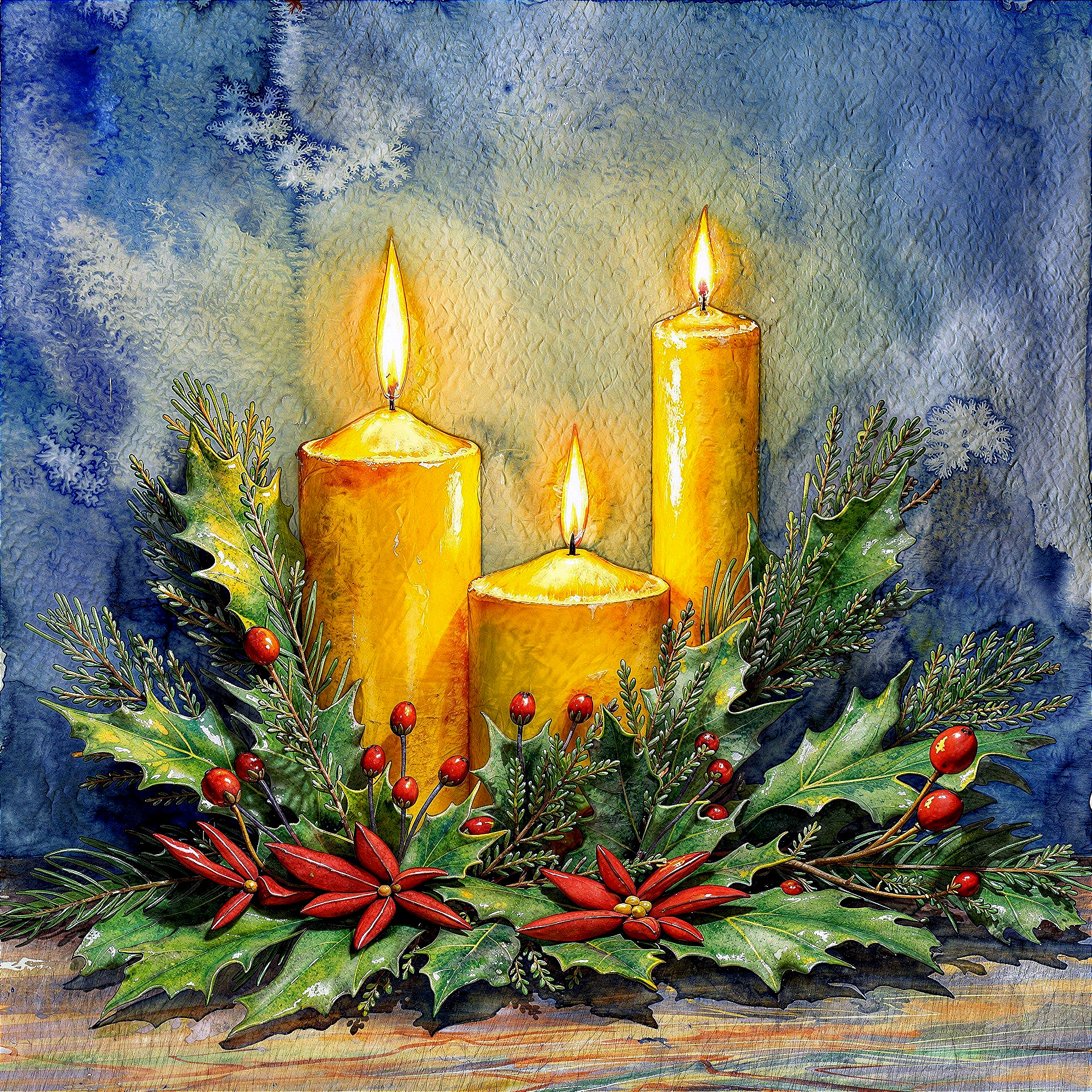 Yellow Candles Surrounded by Winter Floral Arrangement