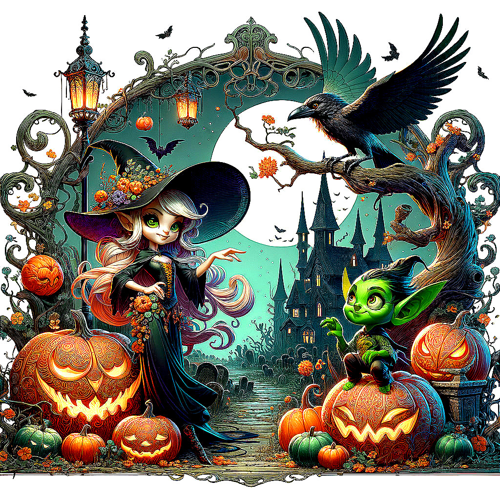 Whimsical Halloween Scene with Witch and Goblin