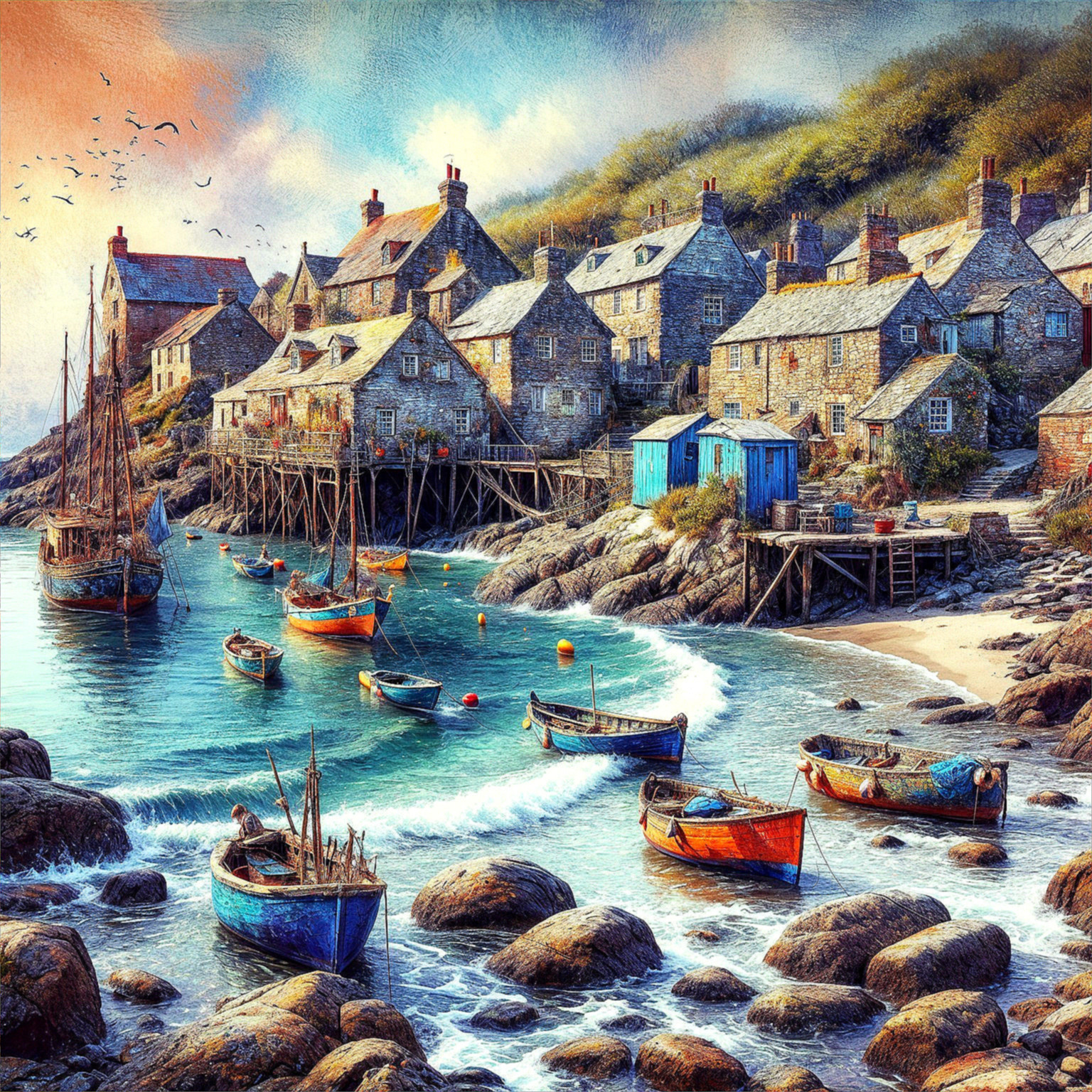 Coastal Village with Stone Cottages and Turquoise Water