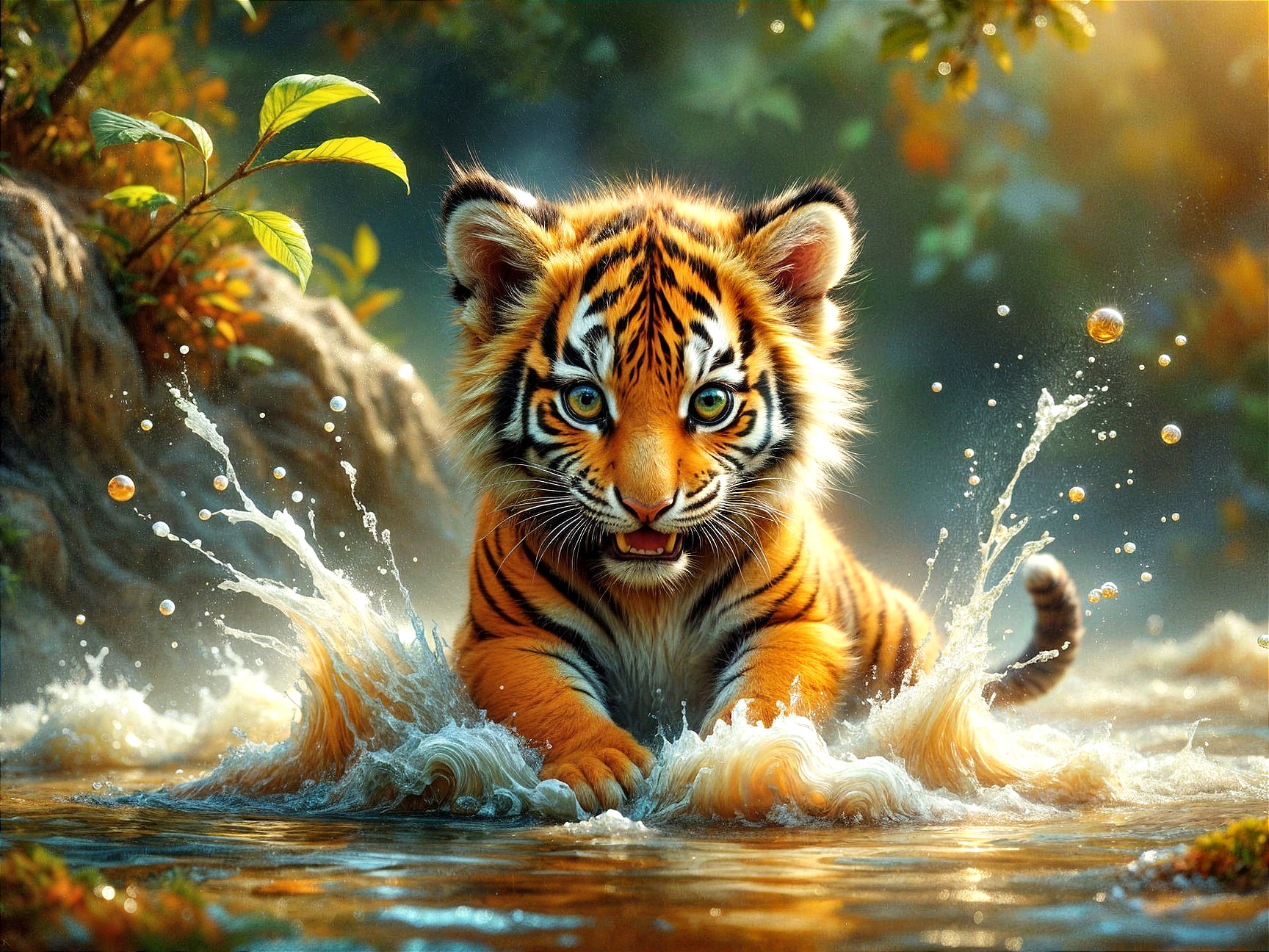 Vibrant Tiger Cub Splashing in Sunlit River Scene