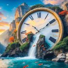 Surreal Landscape with Giant Clock and Waterfall