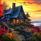 Whimsical Cottage with Blue Roof and Colorful Garden