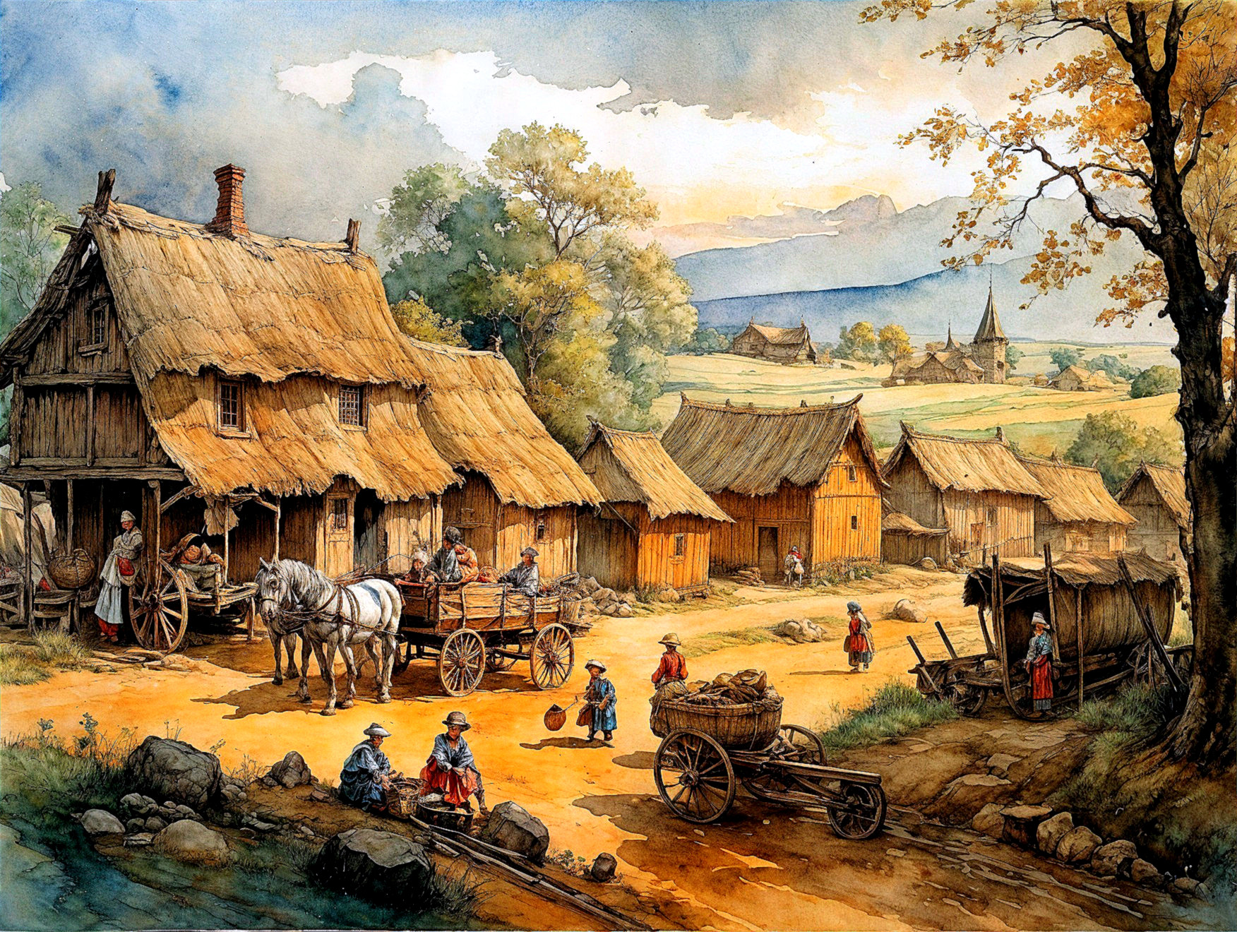 Countryside Scene with Cottages and Villagers