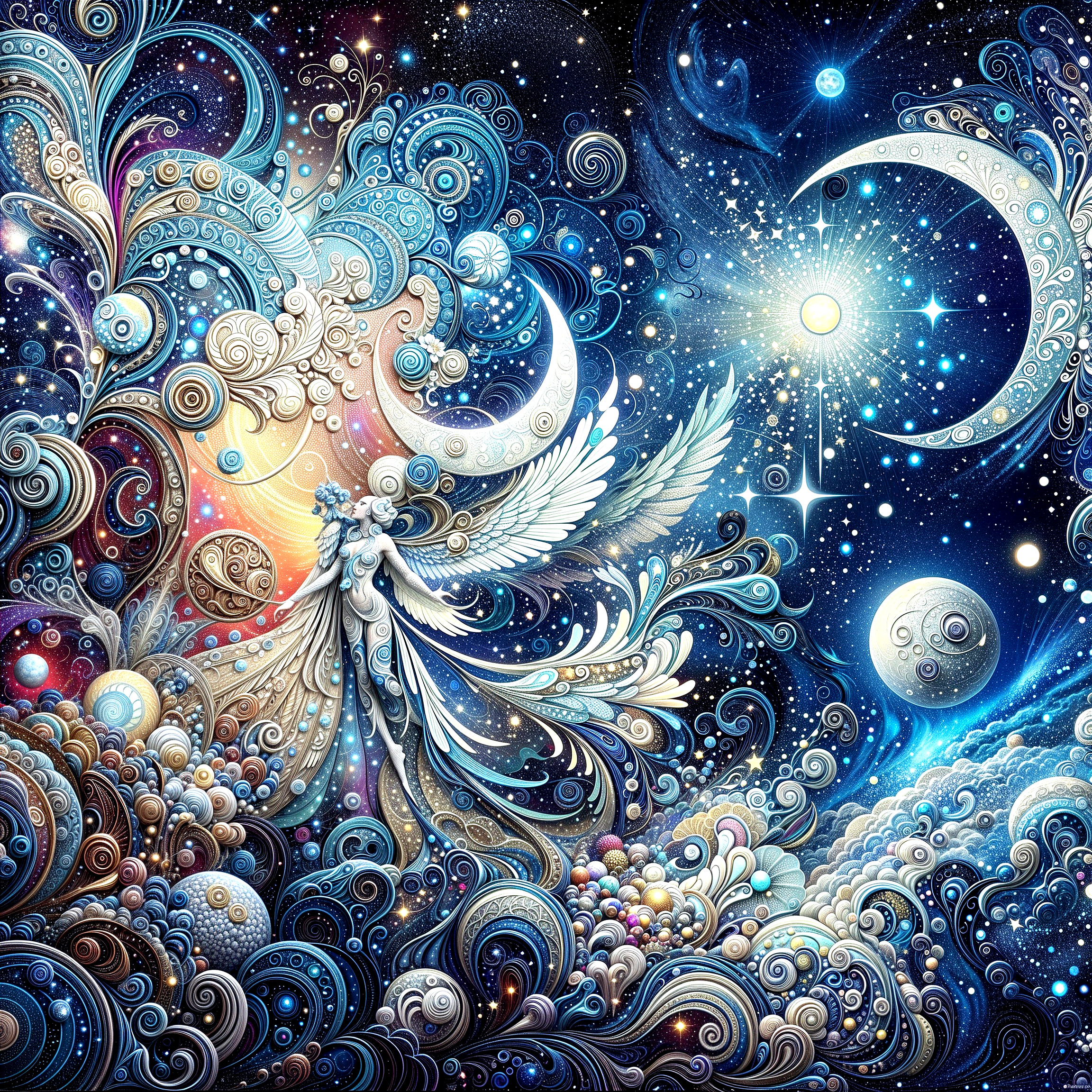 Vibrant Cosmic Scene with Ethereal Figures and Patterns