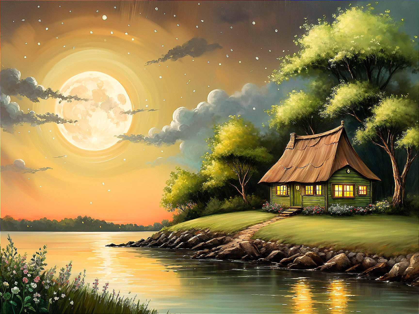 Cozy Cottage by Tranquil Lake Under Moonlight