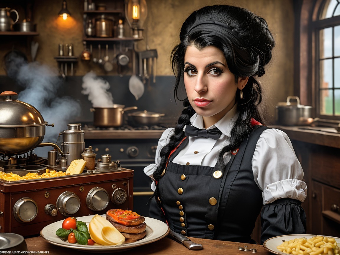 Woman in Vintage Outfit at Rustic Kitchen Table
