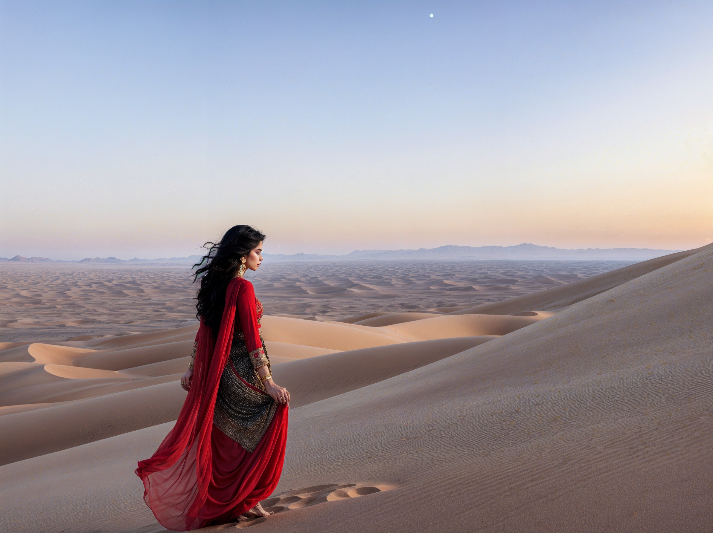 Woman in Red Garment Walking in Desert at Dusk