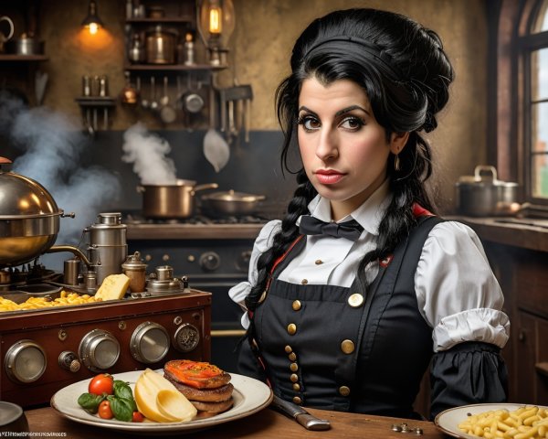 Woman in Vintage Outfit at Rustic Kitchen Table