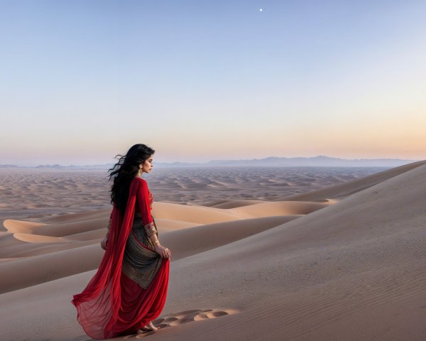 Woman in Red Garment Walking in Desert at Dusk