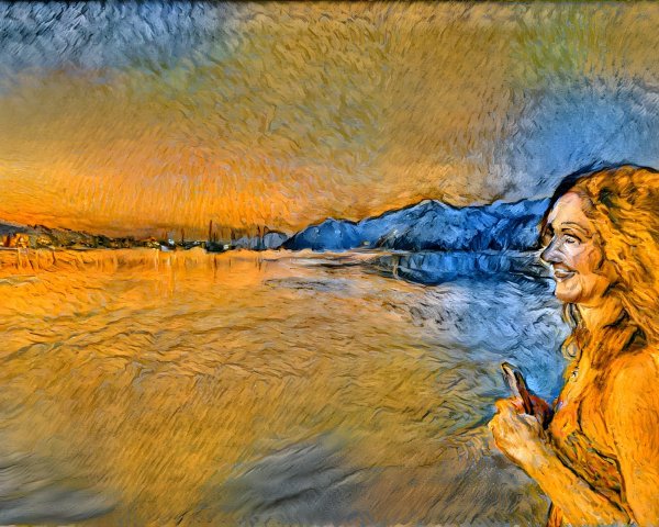 Woman by Shimmering Lake at Sunset with Mountains