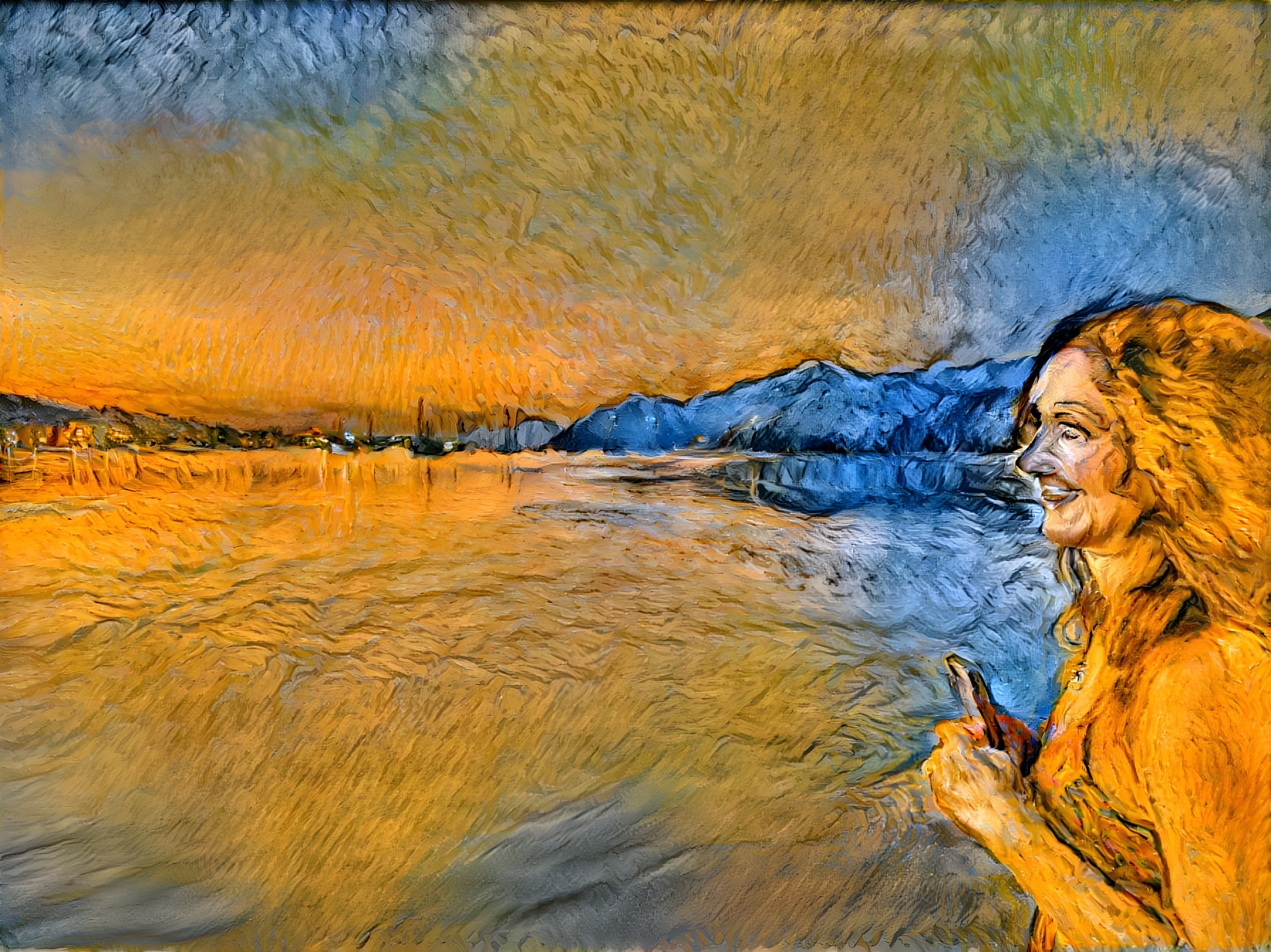 Woman by Shimmering Lake at Sunset with Mountains