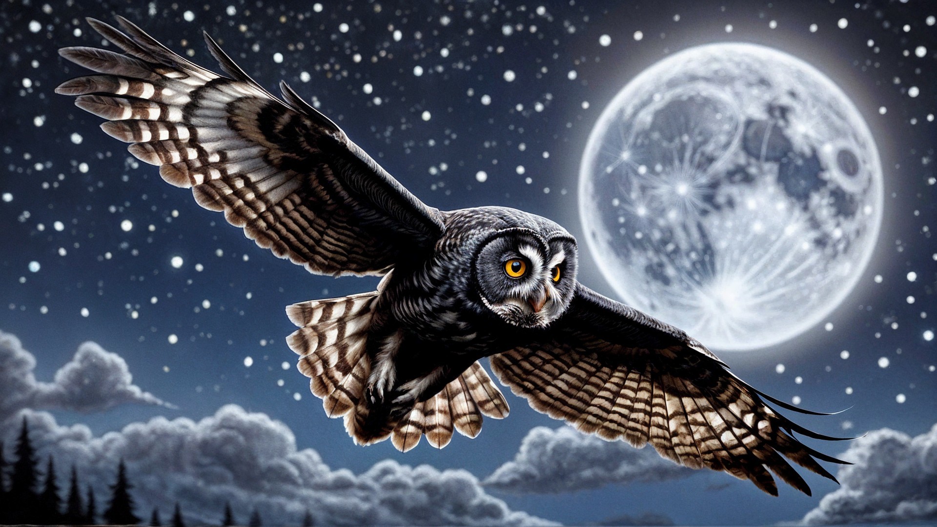 Majestic owl soaring in a moonlit night sky