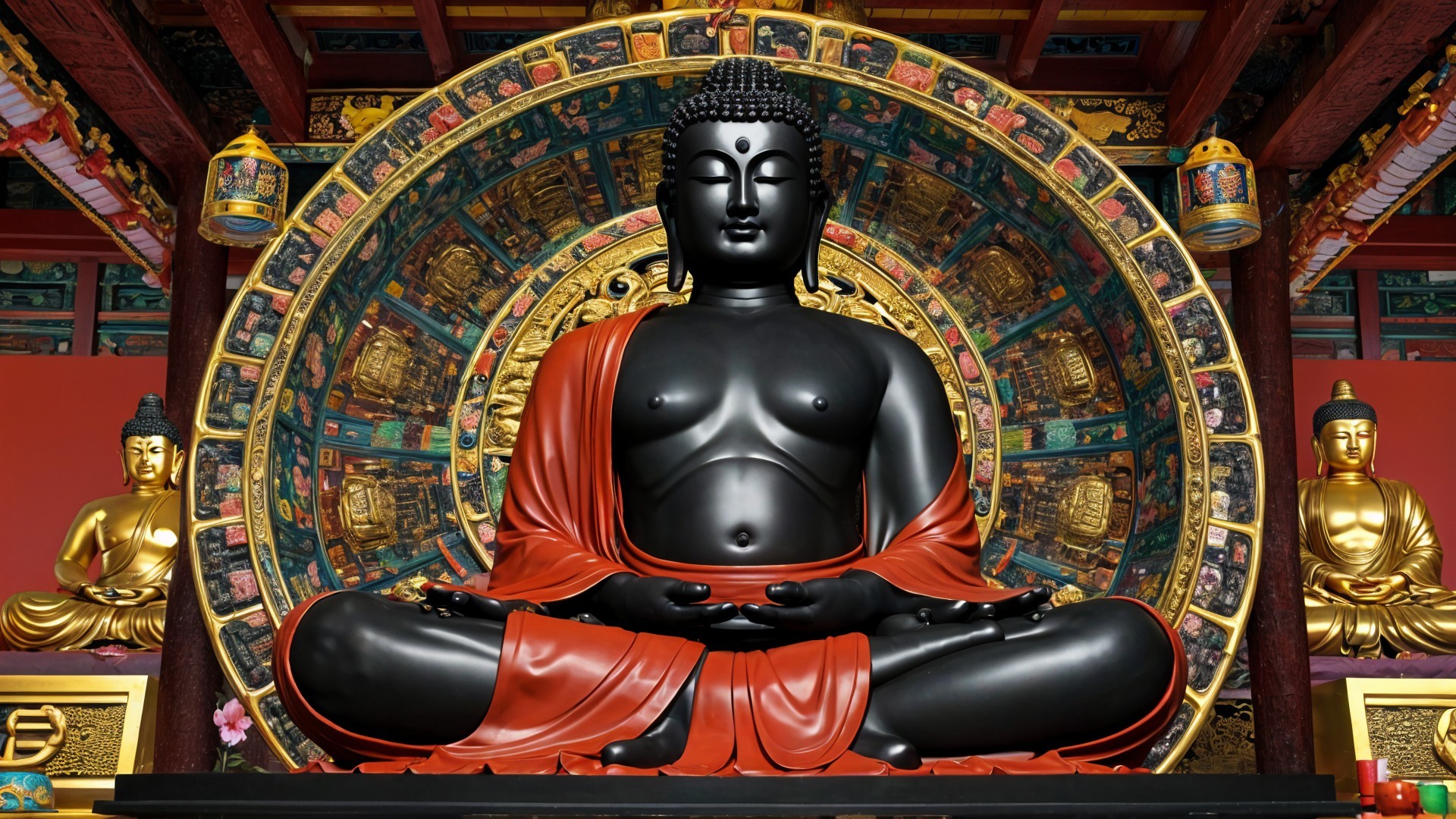 Black Buddha Statue in Meditative Pose with Orange Robe